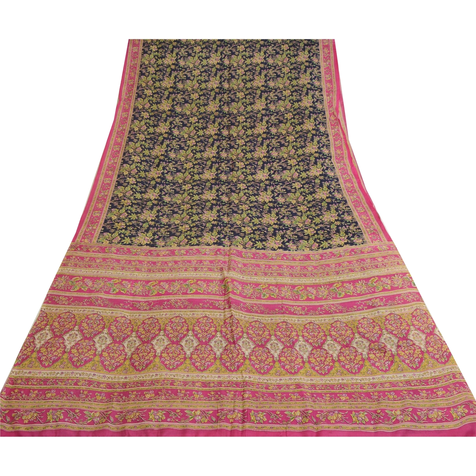 Sanskriti Vintage Blue/Pink Sarees 100% Pure Silk Printed Sari Craft Fabric, PR-64745-Blue &amp; Pink-Pure Silk-10