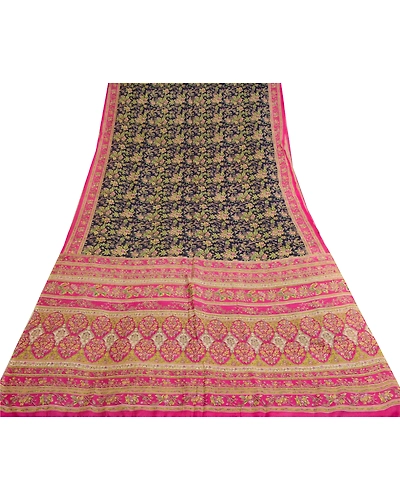 Sanskriti Vintage Blue/Pink Sarees 100% Pure Silk Printed Sari Craft Fabric, PR-64745-Blue &amp; Pink-Pure Silk-10