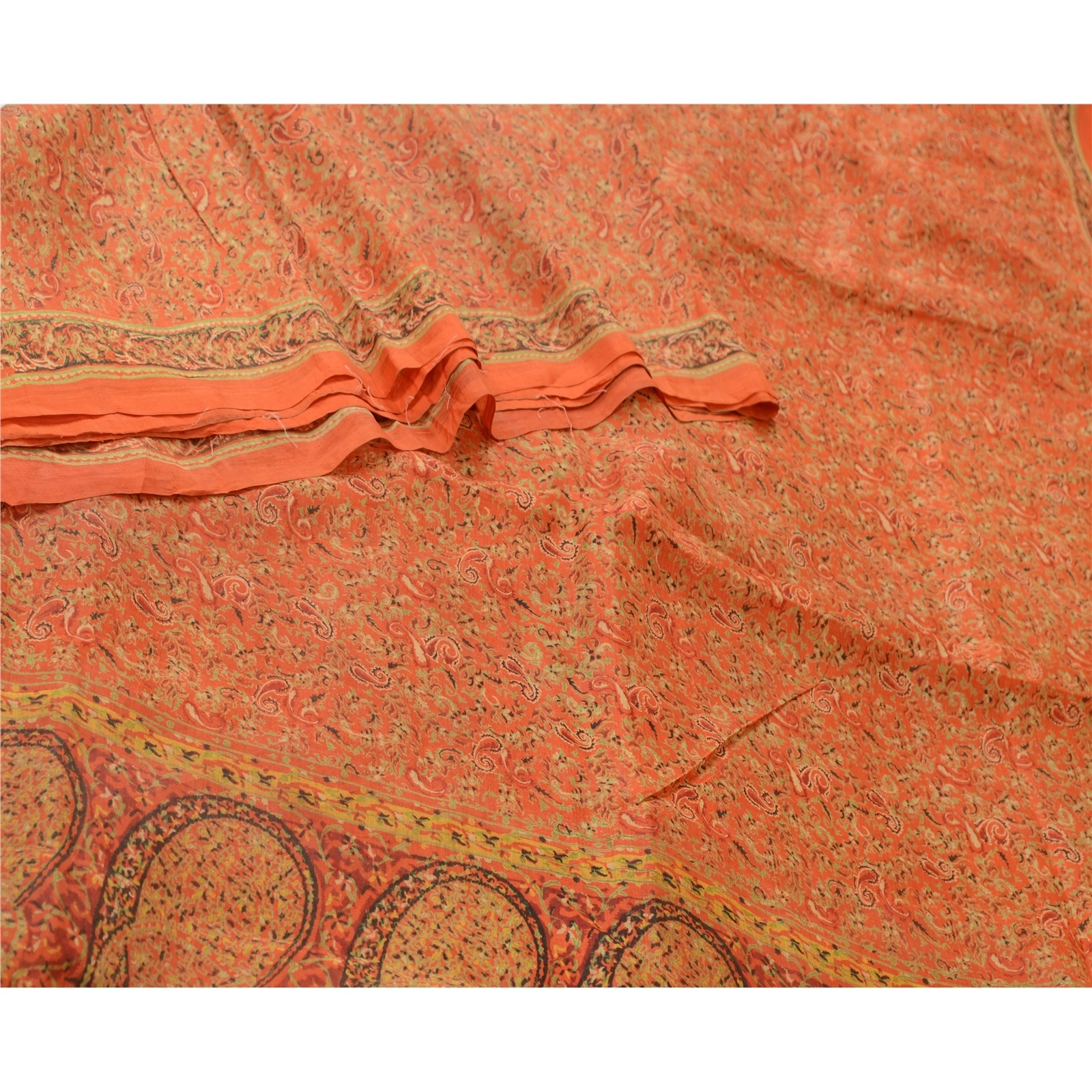 Sanskriti Vintage Orange Indian Sarees 100% Pure Silk Printed Sari Craft Fabric, PR-64754-Orange-Pure Silk-1