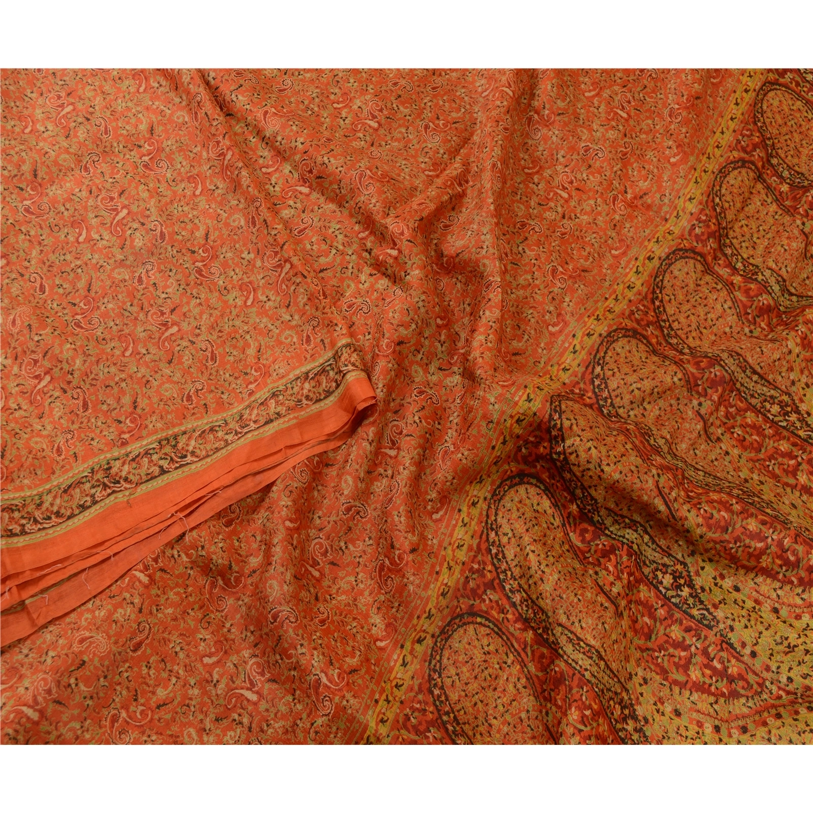 Sanskriti Vintage Orange Indian Sarees 100% Pure Silk Printed Sari Craft Fabric, PR-64754-Orange-Pure Silk-3