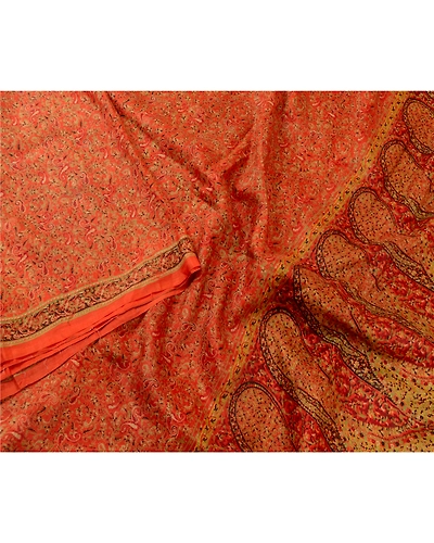 Sanskriti Vintage Orange Indian Sarees 100% Pure Silk Printed Sari Craft Fabric, PR-64754-Orange-Pure Silk-3
