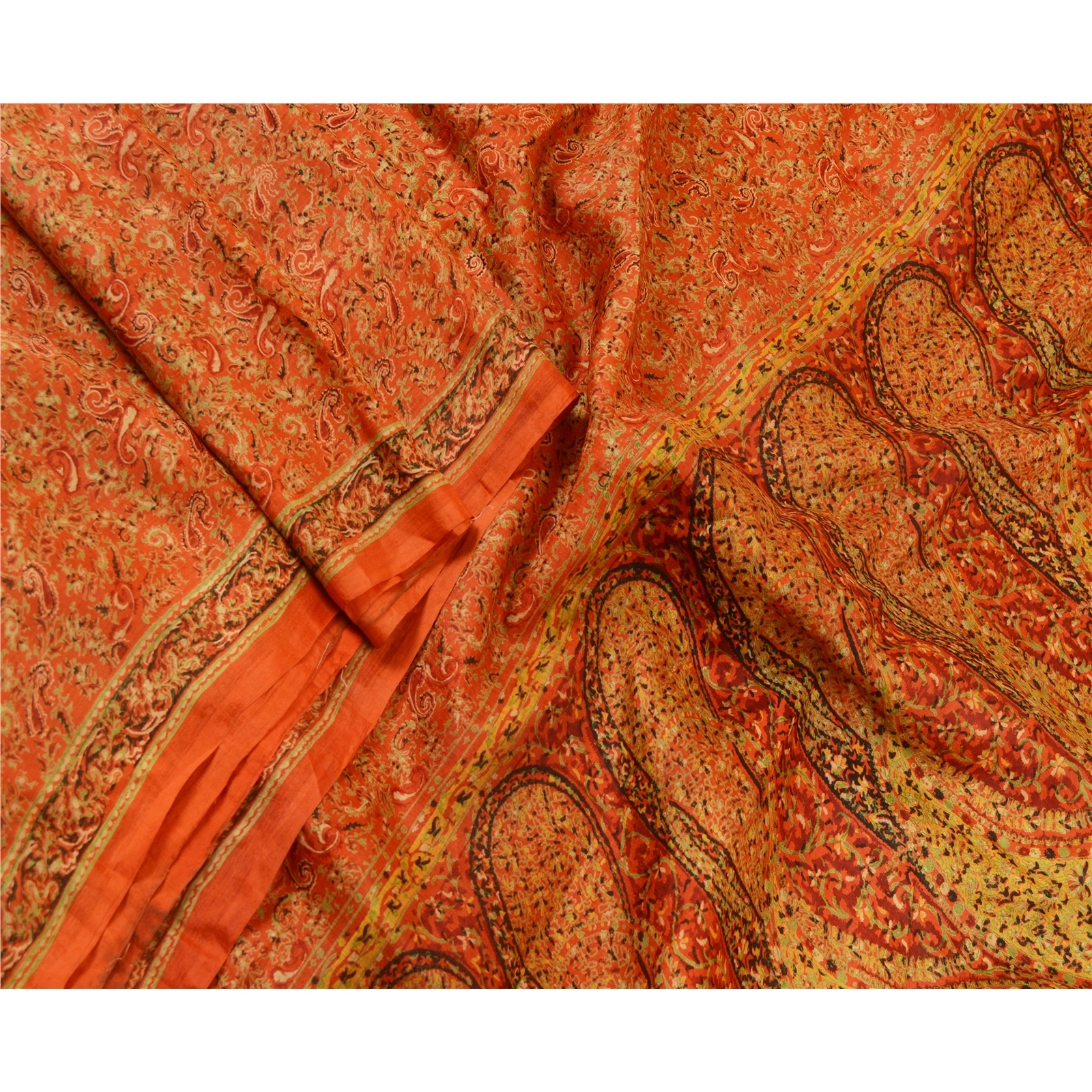 Sanskriti Vintage Orange Indian Sarees 100% Pure Silk Printed Sari Craft Fabric, PR-64754-Orange-Pure Silk-4