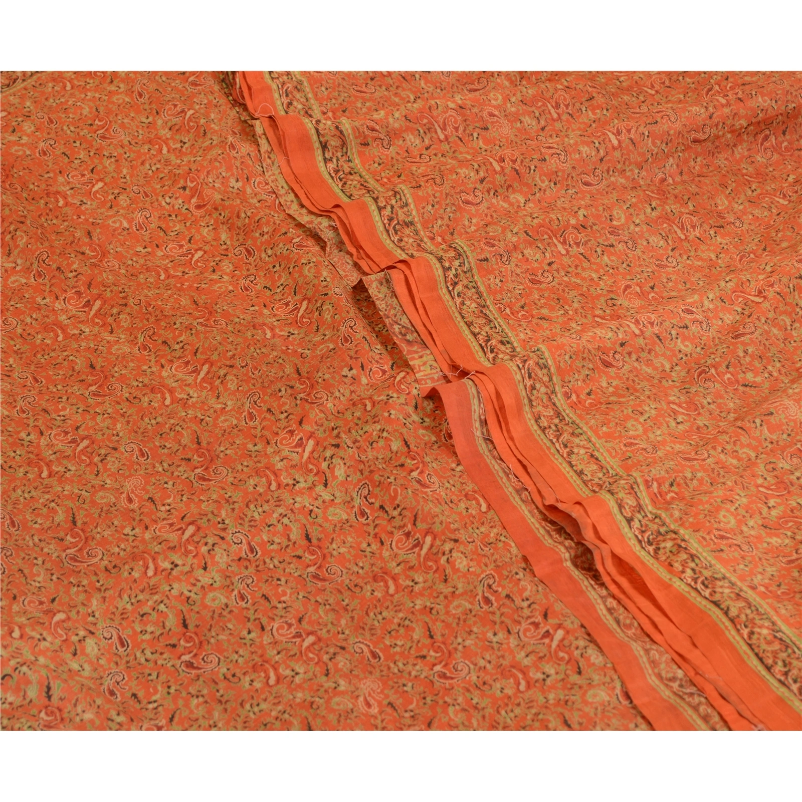 Sanskriti Vintage Orange Indian Sarees 100% Pure Silk Printed Sari Craft Fabric, PR-64754-Orange-Pure Silk-5