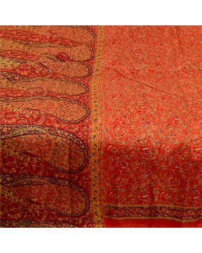 Sanskriti Vintage Orange Indian Sarees 100% Pure Silk Printed Sari Craft Fabric, PR-64754-Orange-Pure Silk-6