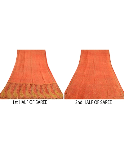 Sanskriti Vintage Orange Indian Sarees 100% Pure Silk Printed Sari Craft Fabric, PR-64754-Orange-Pure Silk-7