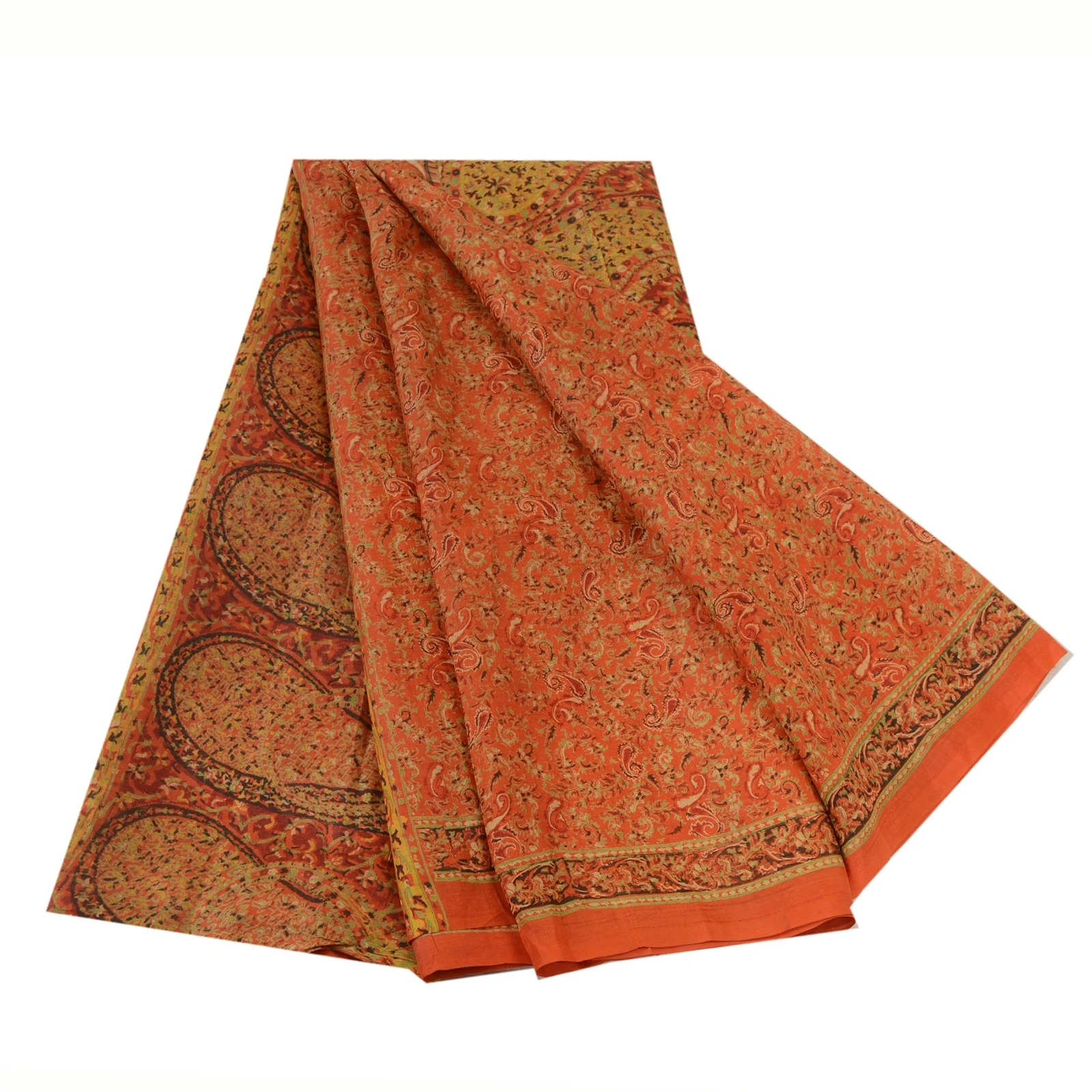 Sanskriti Vintage Orange Indian Sarees 100% Pure Silk Printed Sari Craft Fabric, PR-64754-Orange-Pure Silk-10