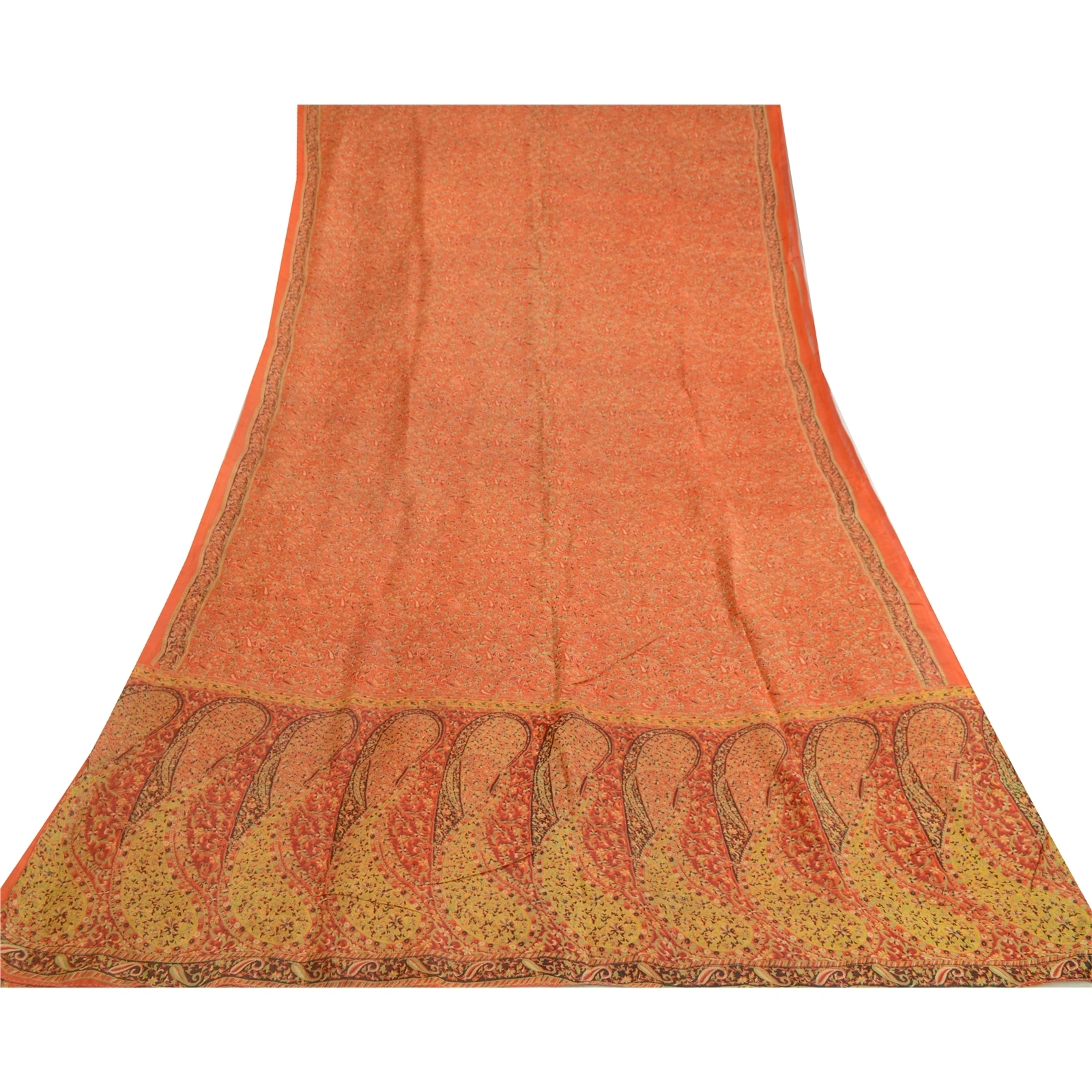 Sanskriti Vintage Orange Indian Sarees 100% Pure Silk Printed Sari Craft Fabric, PR-64754-Orange-Pure Silk-11