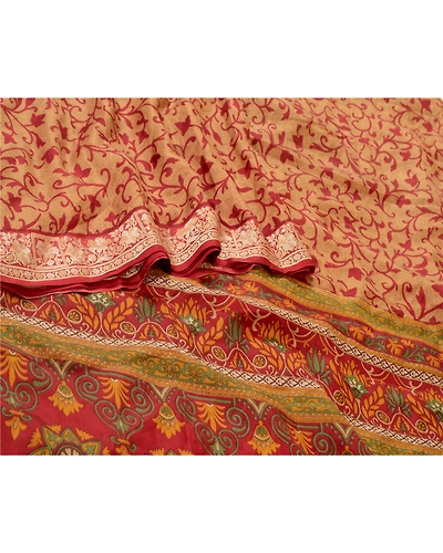 Sanskriti Vintage Brown/Dark Red Sarees 100% Pure Silk Printed Sari Craft Fabric, PR-64766-Brown &amp; Dark Red-100% Pure Silk-1