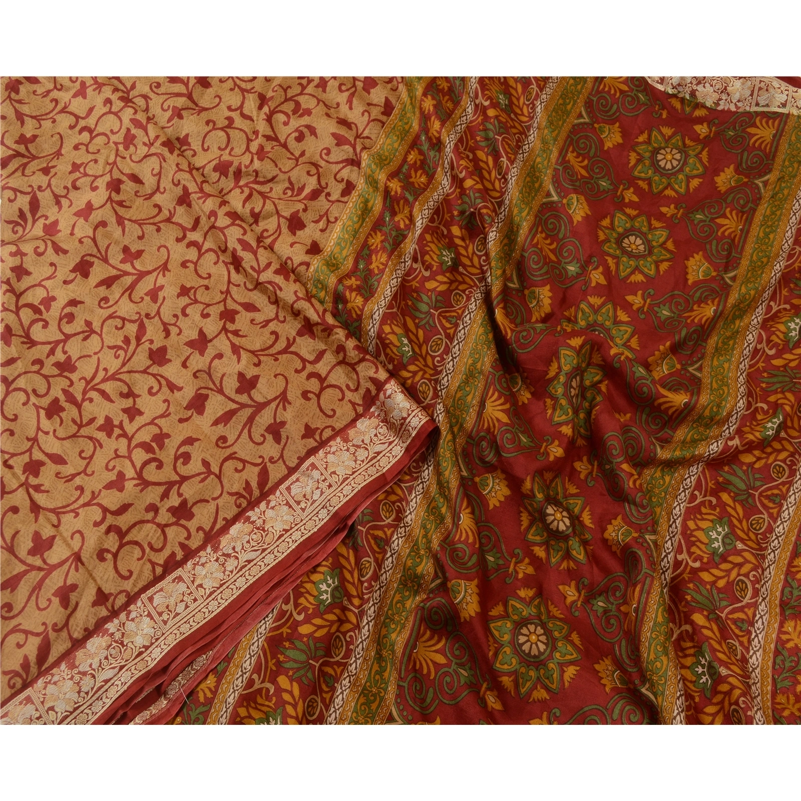 Sanskriti Vintage Brown/Dark Red Sarees 100% Pure Silk Printed Sari Craft Fabric, PR-64766-Brown &amp; Dark Red-100% Pure Silk-3