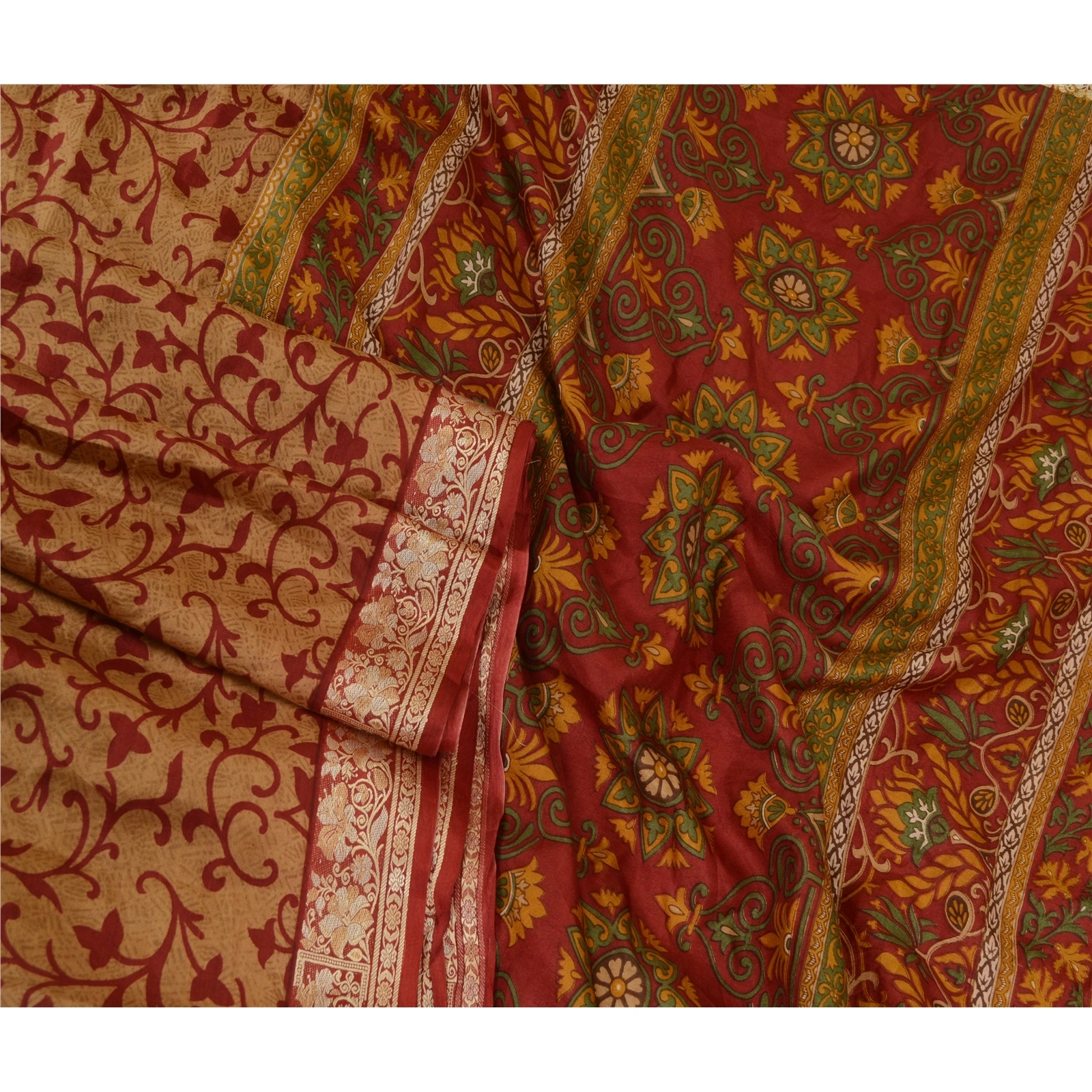 Sanskriti Vintage Brown/Dark Red Sarees 100% Pure Silk Printed Sari Craft Fabric, PR-64766-Brown &amp; Dark Red-100% Pure Silk-4