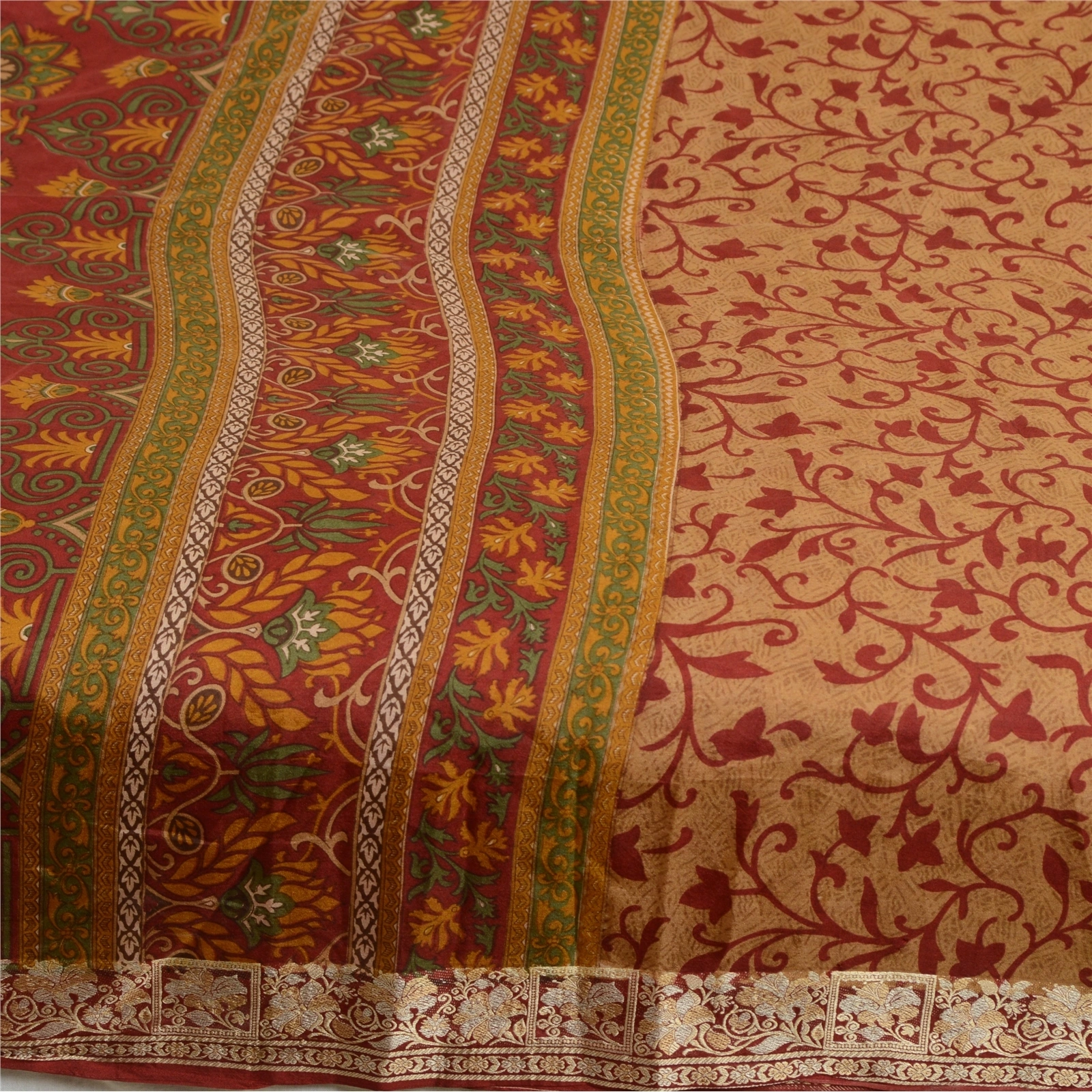 Sanskriti Vintage Brown/Dark Red Sarees 100% Pure Silk Printed Sari Craft Fabric, PR-64766-Brown &amp; Dark Red-100% Pure Silk-6