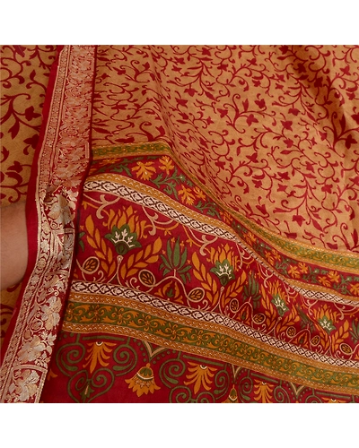 Sanskriti Vintage Brown/Dark Red Sarees 100% Pure Silk Printed Sari Craft Fabric, PR-64766-Brown &amp; Dark Red-100% Pure Silk-8