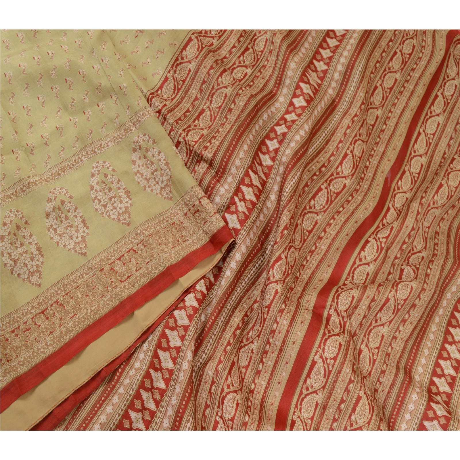 Sanskriti Vintage Green/Dark Red Sarees 100% Pure Silk Printed Sari Craft Fabric, PR-64768-Green &amp; Dark Red-100% Pure Silk-3