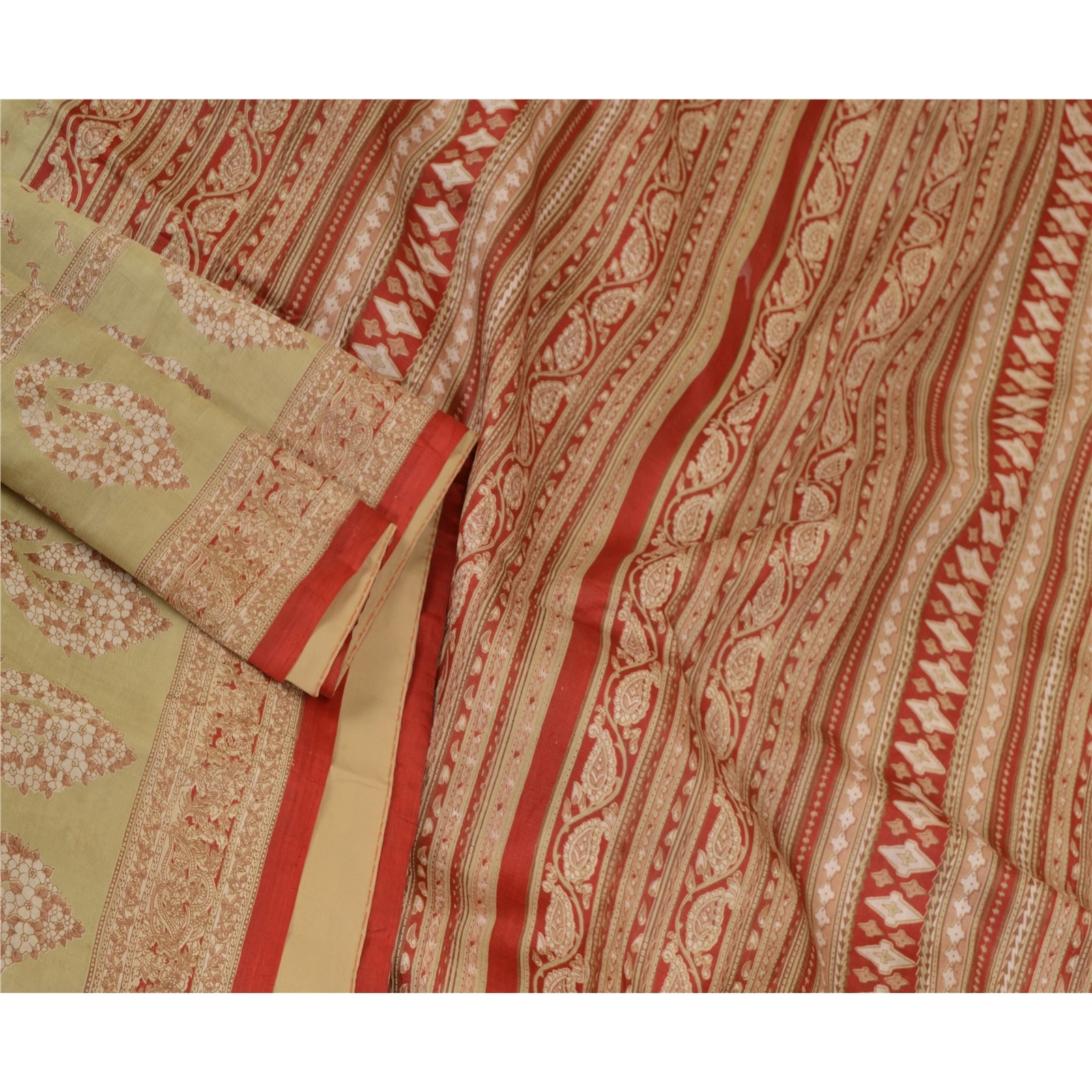 Sanskriti Vintage Green/Dark Red Sarees 100% Pure Silk Printed Sari Craft Fabric, PR-64768-Green &amp; Dark Red-100% Pure Silk-4