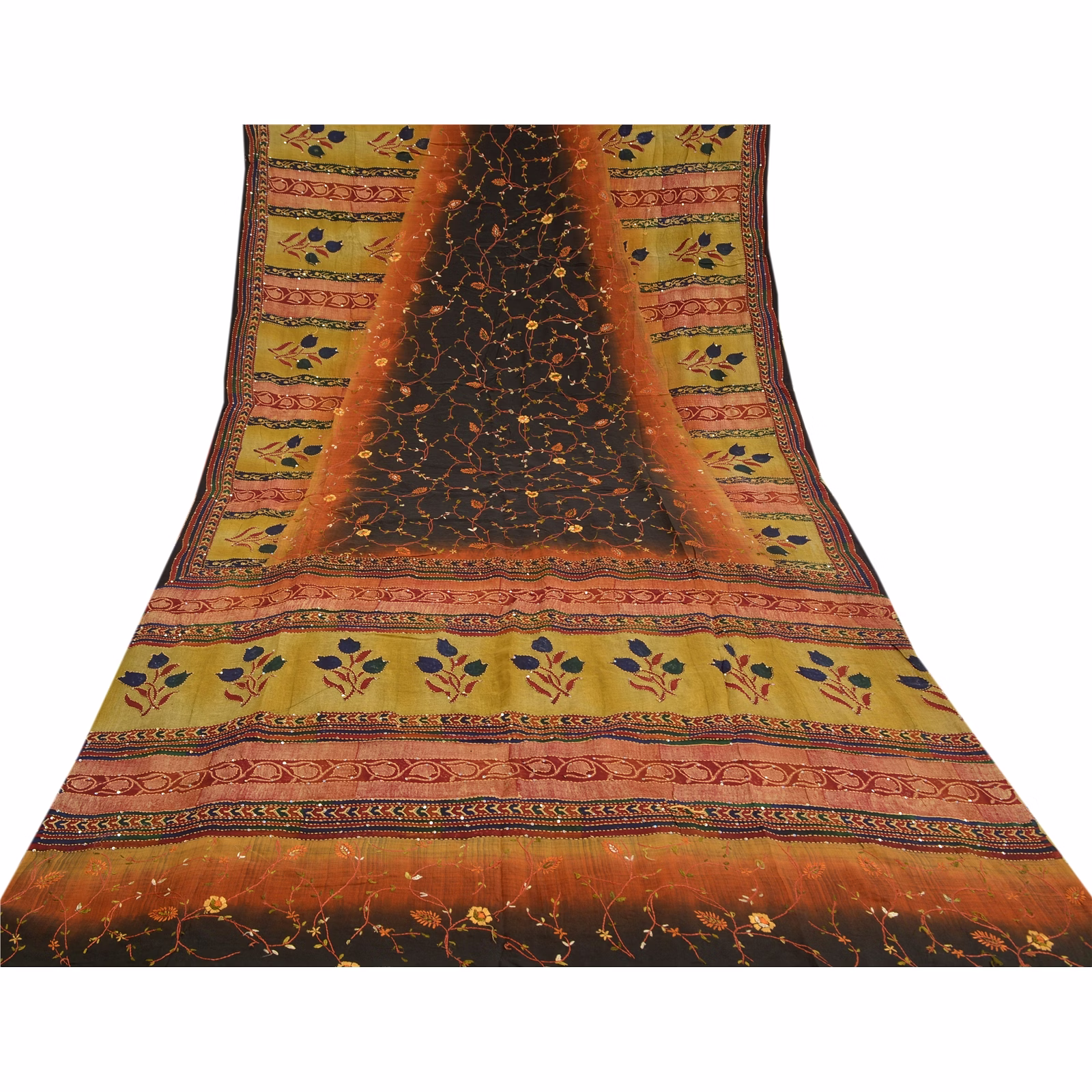 Sanskriti Vintage Multi Handmade Kantha Sarees Pure Crepe Silk Sari Craft Fabric, PRC-16443 image 15
