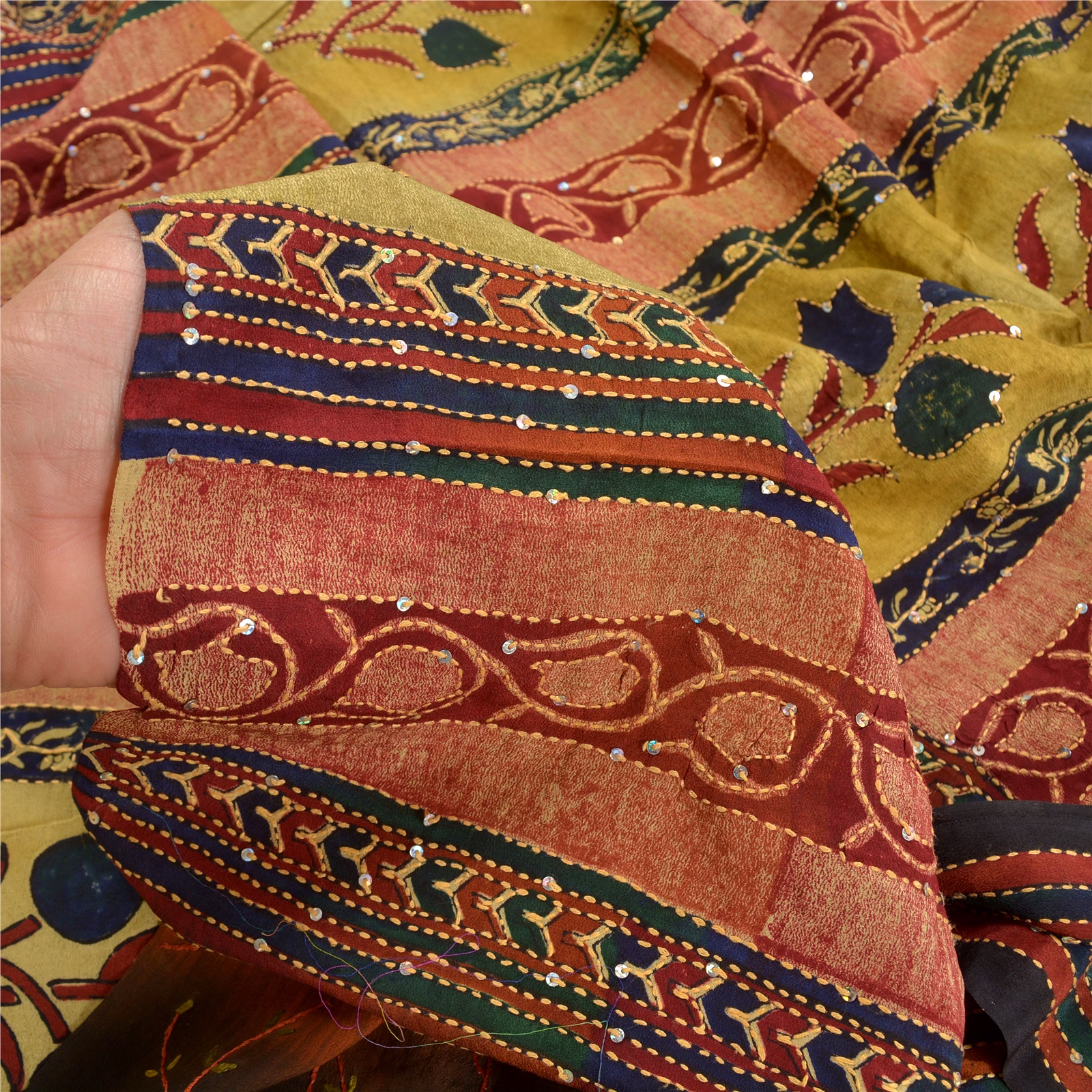 Sanskriti Vintage Multi Handmade Kantha Sarees Pure Crepe Silk Sari Craft Fabric, PRC-16443 image 11
