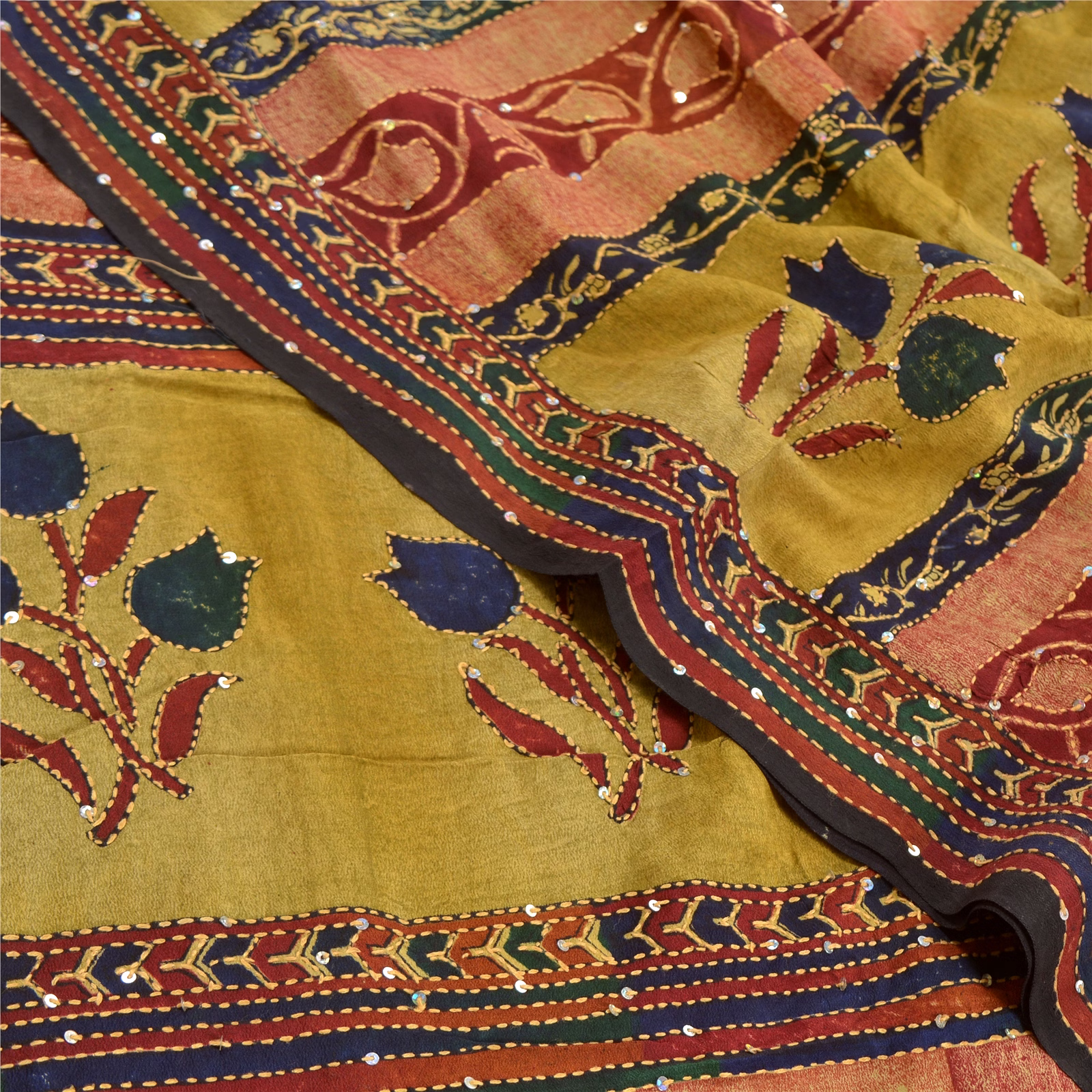 Sanskriti Vintage Multi Handmade Kantha Sarees Pure Crepe Silk Sari Craft Fabric, PRC-16443 image 12