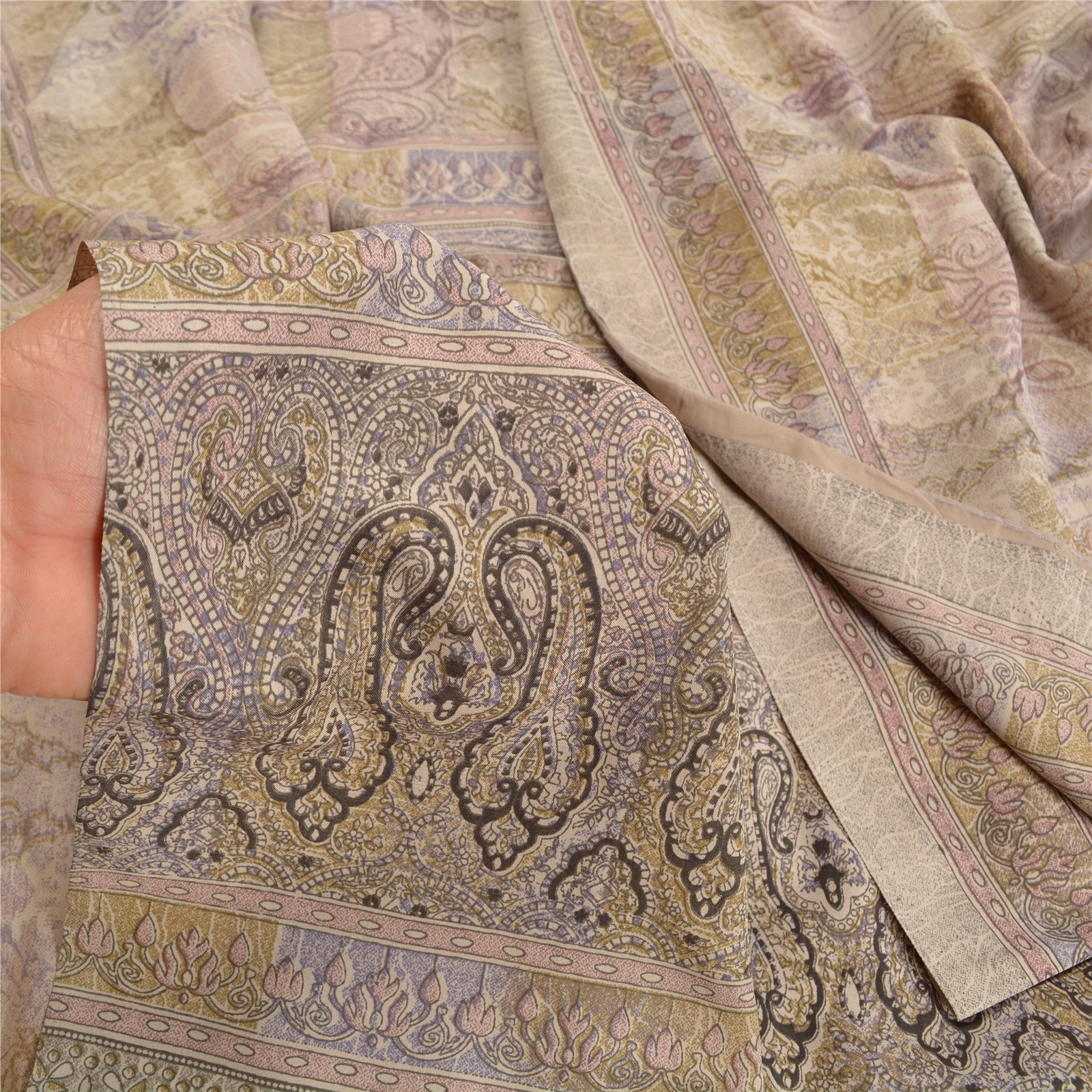 Sanskriti Vintage Ash Grey Indian Sarees Art Silk Printed Sari Craft Fabric, PRC-16850 image 2