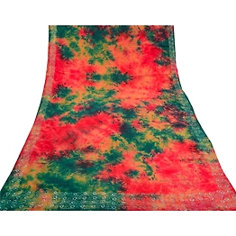 Sanskriti Vintage Red Tie-Dye Embroidered Sarees Pure Crepe Silk Sari 5Yd Fabric, PRC-16572