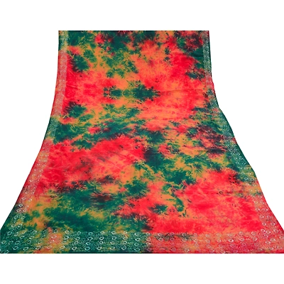 Sanskriti Vintage Red Tie-Dye Embroidered Sarees Pure Crepe Silk Sari 5Yd Fabric, PRC-16572