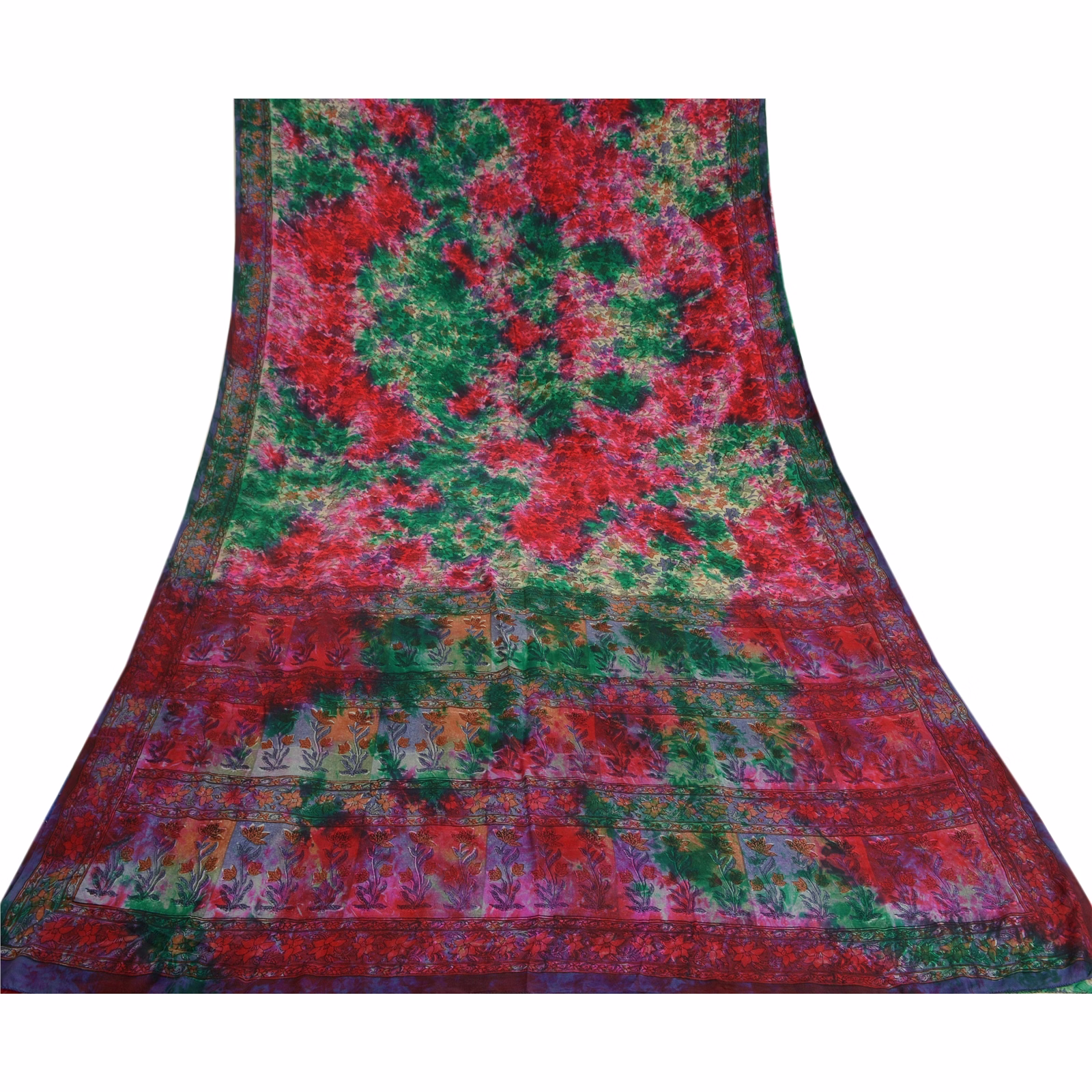 Sanskriti Vintage Sarees Indian Multi Tie-Dye Pure Crepe Silk Sari Craft Fabric, PRC-17996 image 6