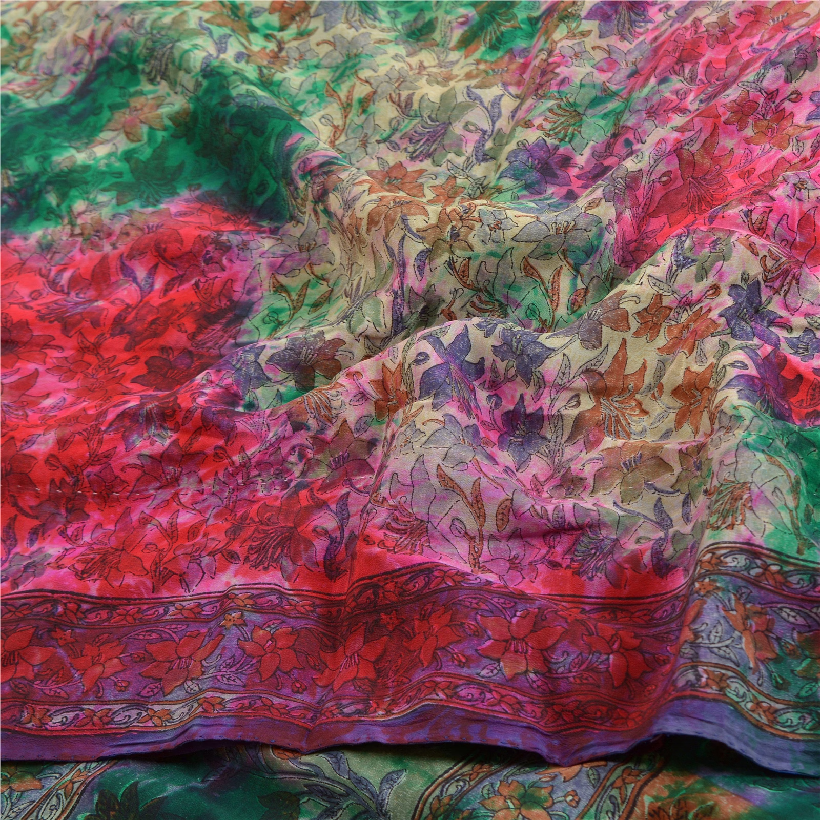 Sanskriti Vintage Sarees Indian Multi Tie-Dye Pure Crepe Silk Sari Craft Fabric, PRC-17996 image 1