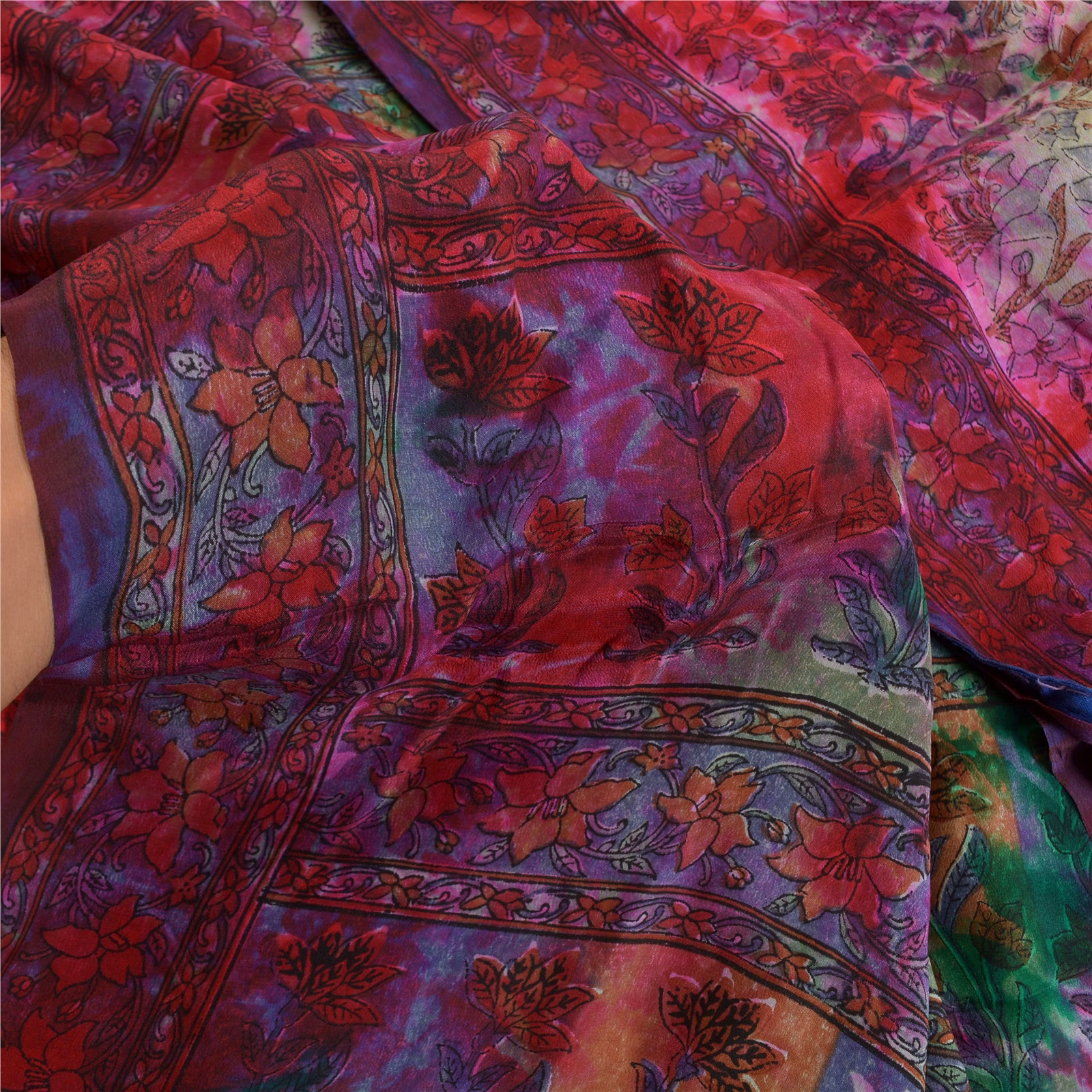 Sanskriti Vintage Sarees Indian Multi Tie-Dye Pure Crepe Silk Sari Craft Fabric, PRC-17996 image 2
