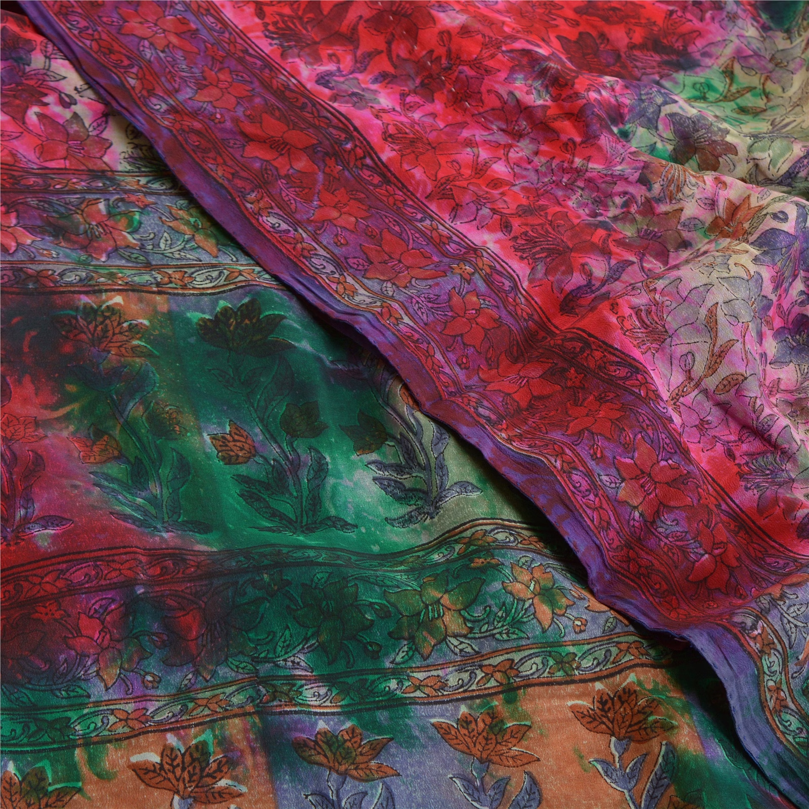 Sanskriti Vintage Sarees Indian Multi Tie-Dye Pure Crepe Silk Sari Craft Fabric, PRC-17996 image 3