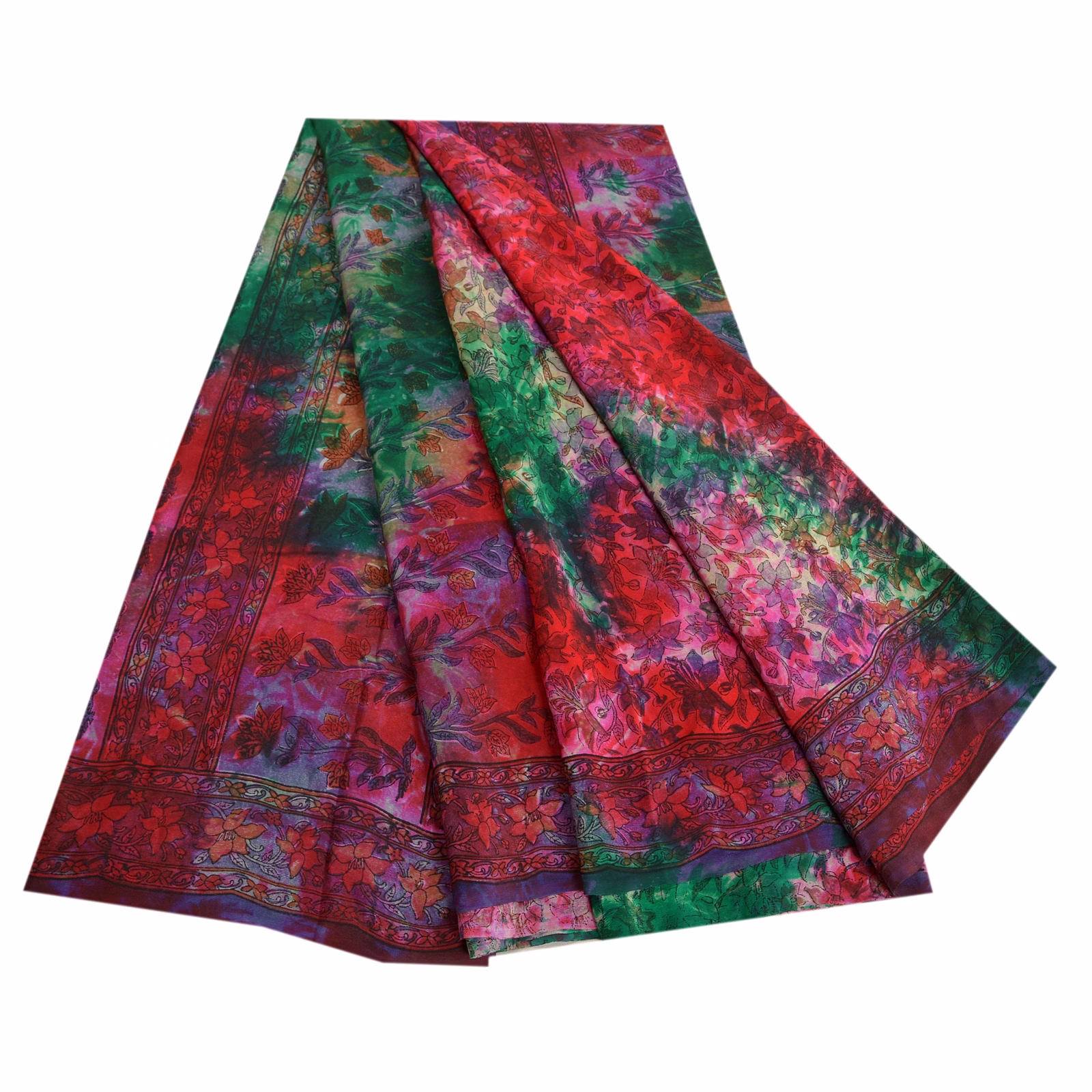 Sanskriti Vintage Sarees Indian Multi Tie-Dye Pure Crepe Silk Sari Craft Fabric, PRC-17996 image 4