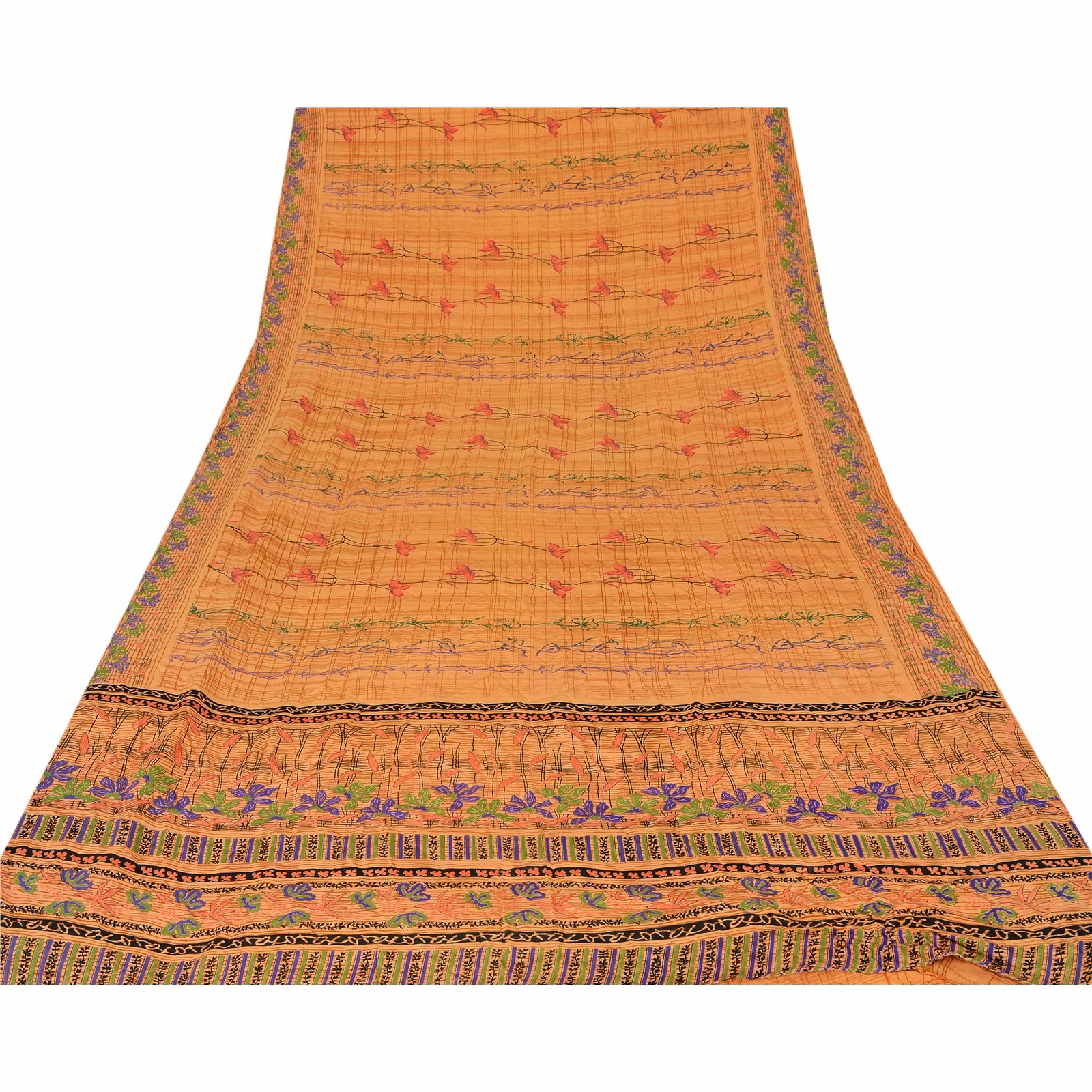 Sanskriti Vintage Peach Sarees Pure Crepe Silk Printed Sari Craft Soft Fabric, PRC-9020 image 13
