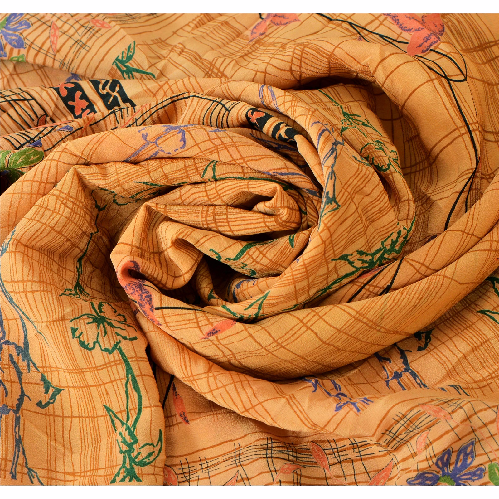 Sanskriti Vintage Peach Sarees Pure Crepe Silk Printed Sari Craft Soft Fabric, PRC-9020 image 8