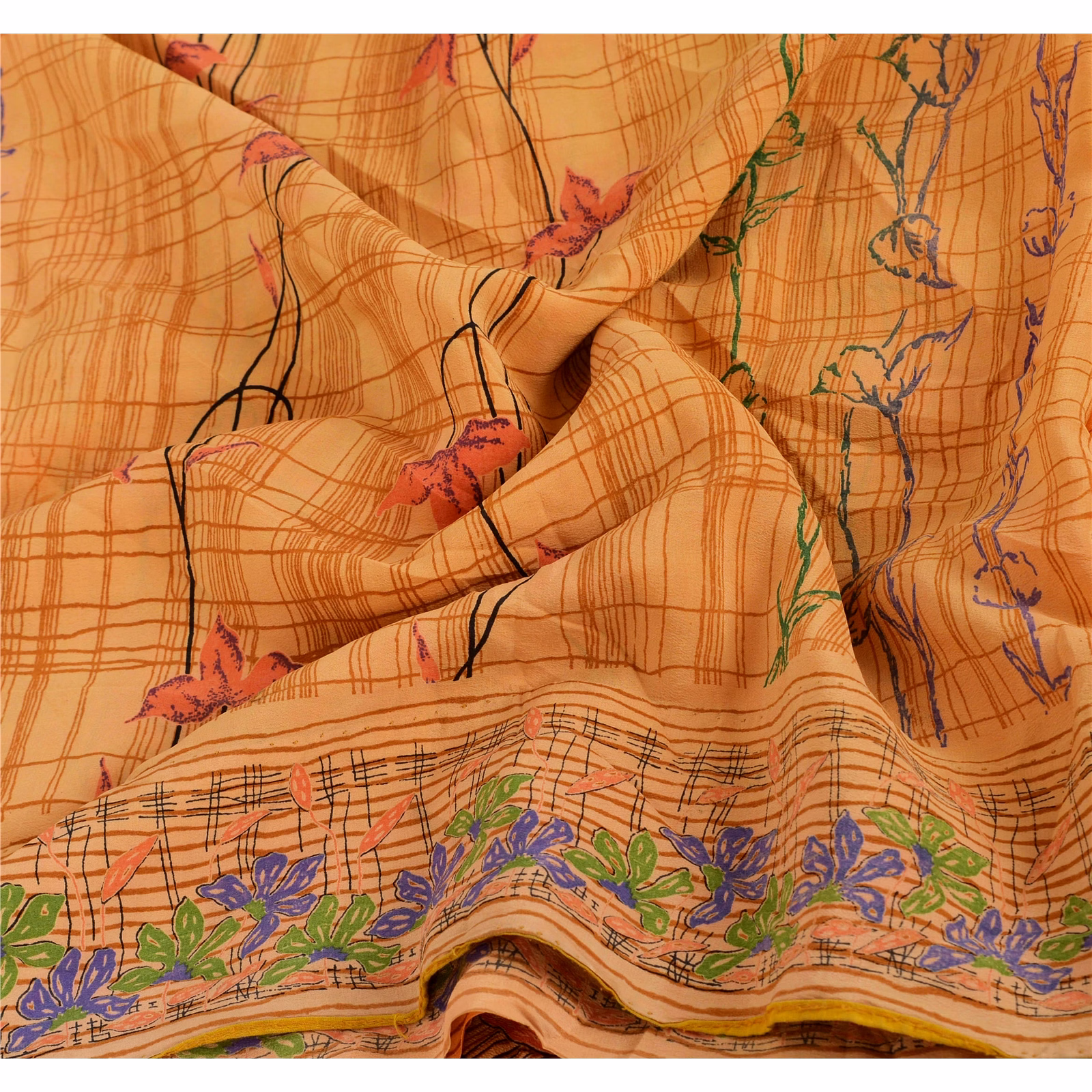Sanskriti Vintage Peach Sarees Pure Crepe Silk Printed Sari Craft Soft Fabric, PRC-9020 image 9
