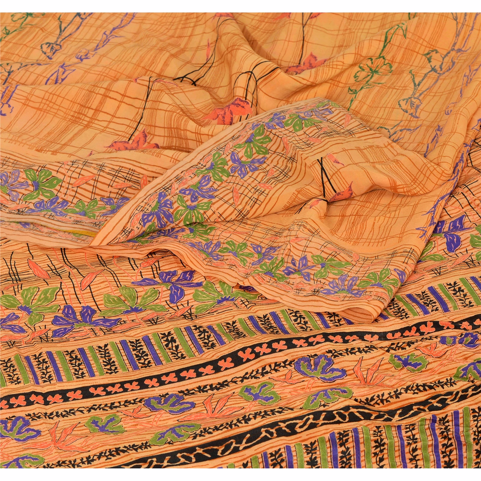 Sanskriti Vintage Peach Sarees Pure Crepe Silk Printed Sari Craft Soft Fabric, PRC-9020 image 12
