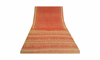 Sanskriti Vintage Sarees Red Indian Pure Crepe Silk Printed Sari Craft Fabric, PRC-18302