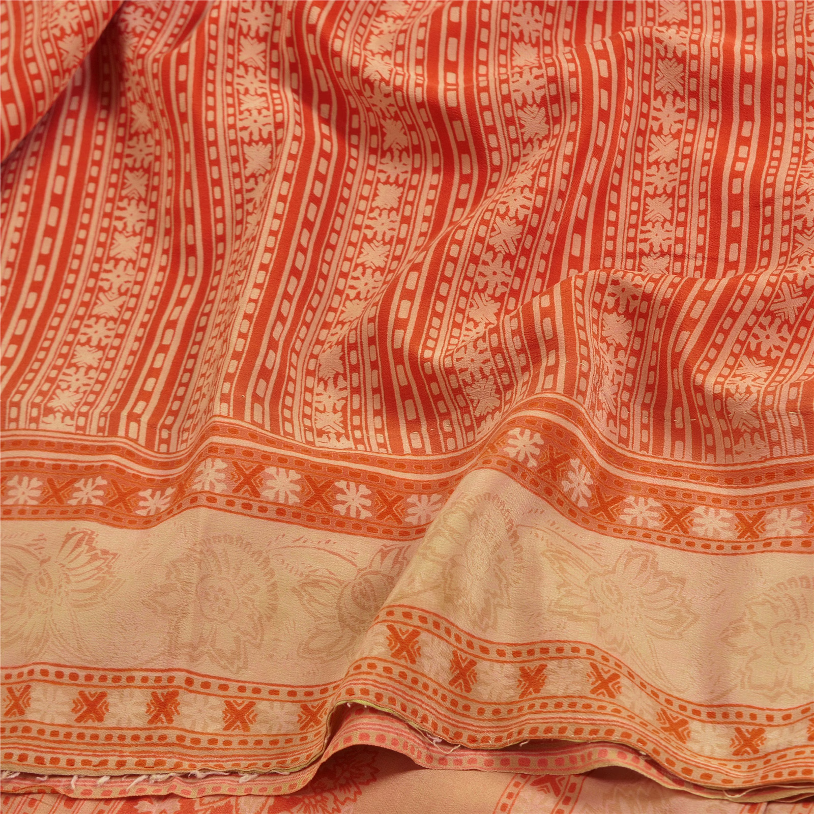 Sanskriti Vintage Sarees Red Indian Pure Crepe Silk Printed Sari Craft Fabric, PRC-18302 image 10