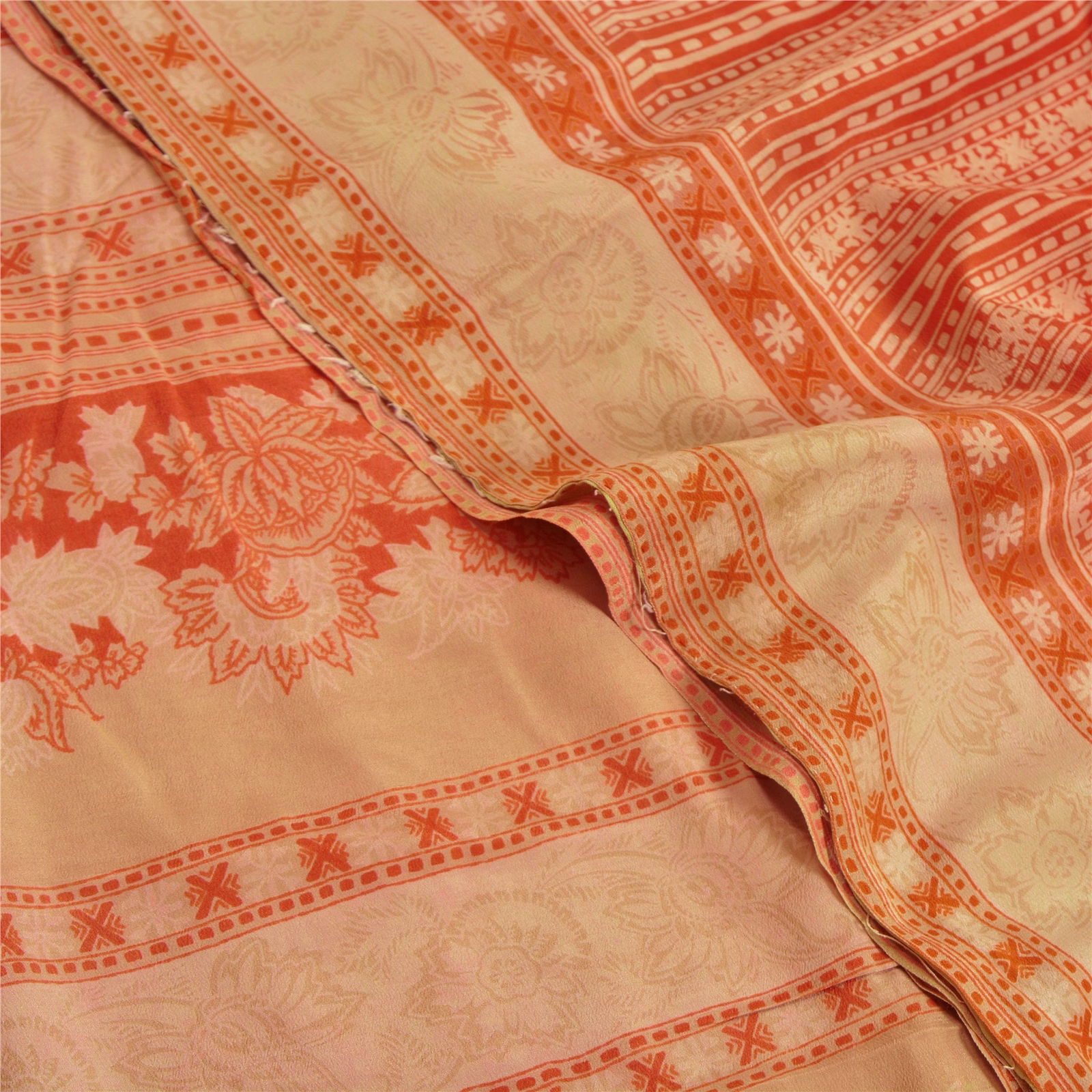 Sanskriti Vintage Sarees Red Indian Pure Crepe Silk Printed Sari Craft Fabric, PRC-18302 image 12