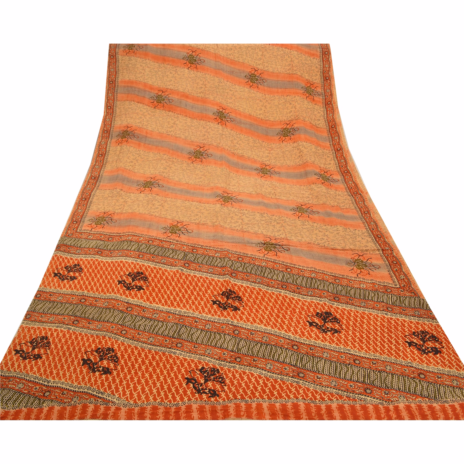 Sanskriti Vintage Brown Indian Sarees Pure Crepe Silk Printed Sari Craft Fabric, PRC-14882 image 15