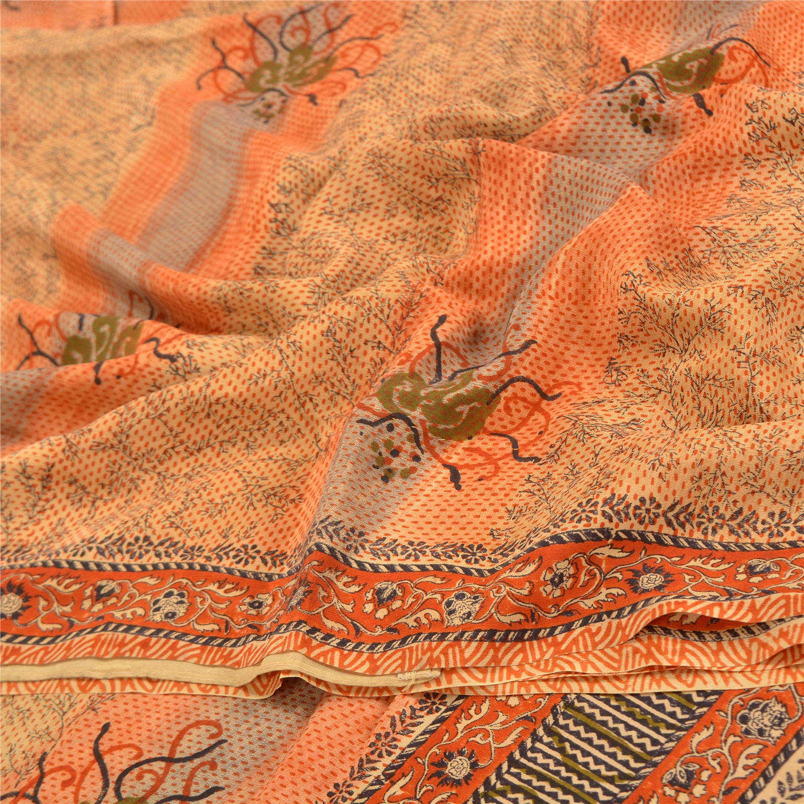 Sanskriti Vintage Brown Indian Sarees Pure Crepe Silk Printed Sari Craft Fabric, PRC-14882 image 10