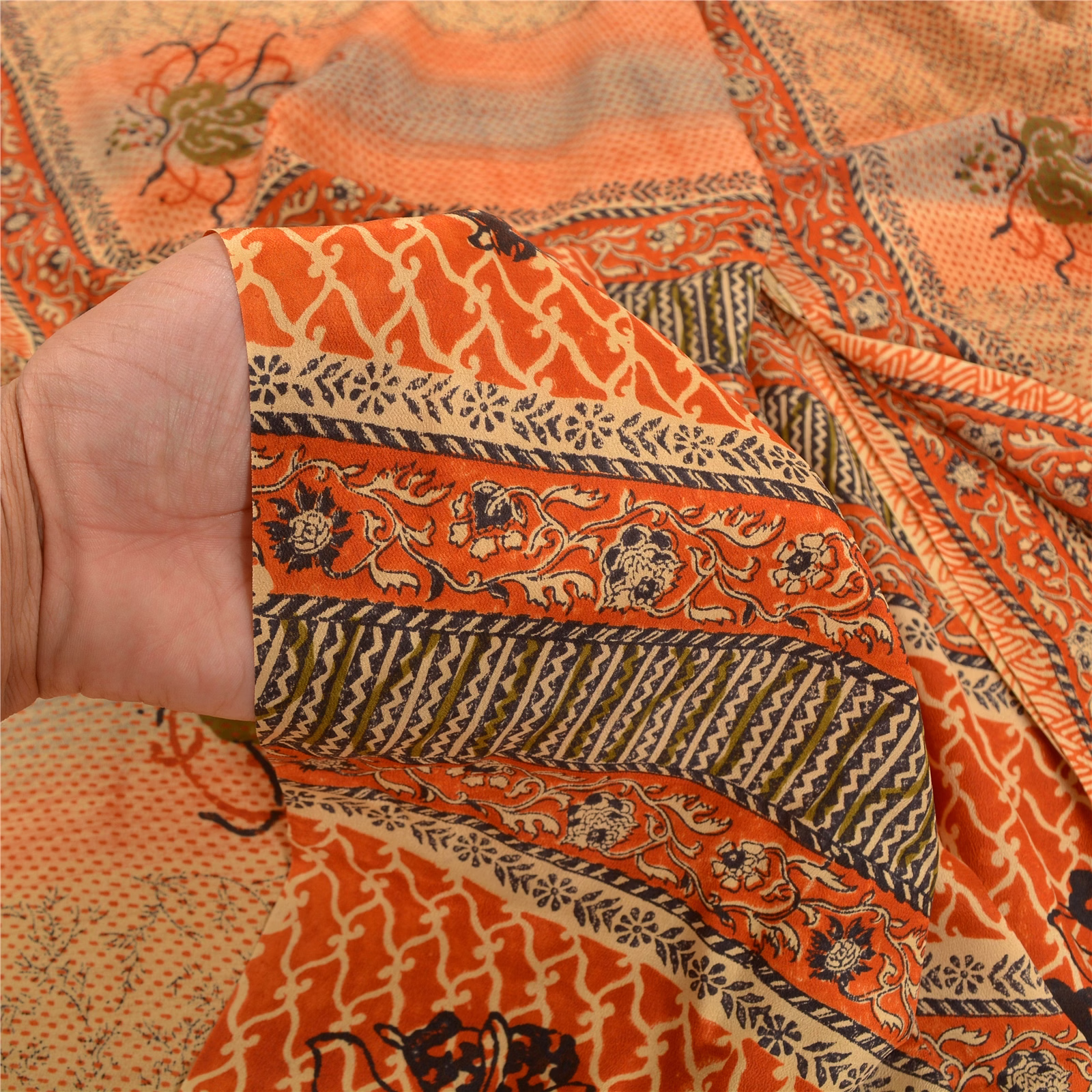 Sanskriti Vintage Brown Indian Sarees Pure Crepe Silk Printed Sari Craft Fabric, PRC-14882 image 11