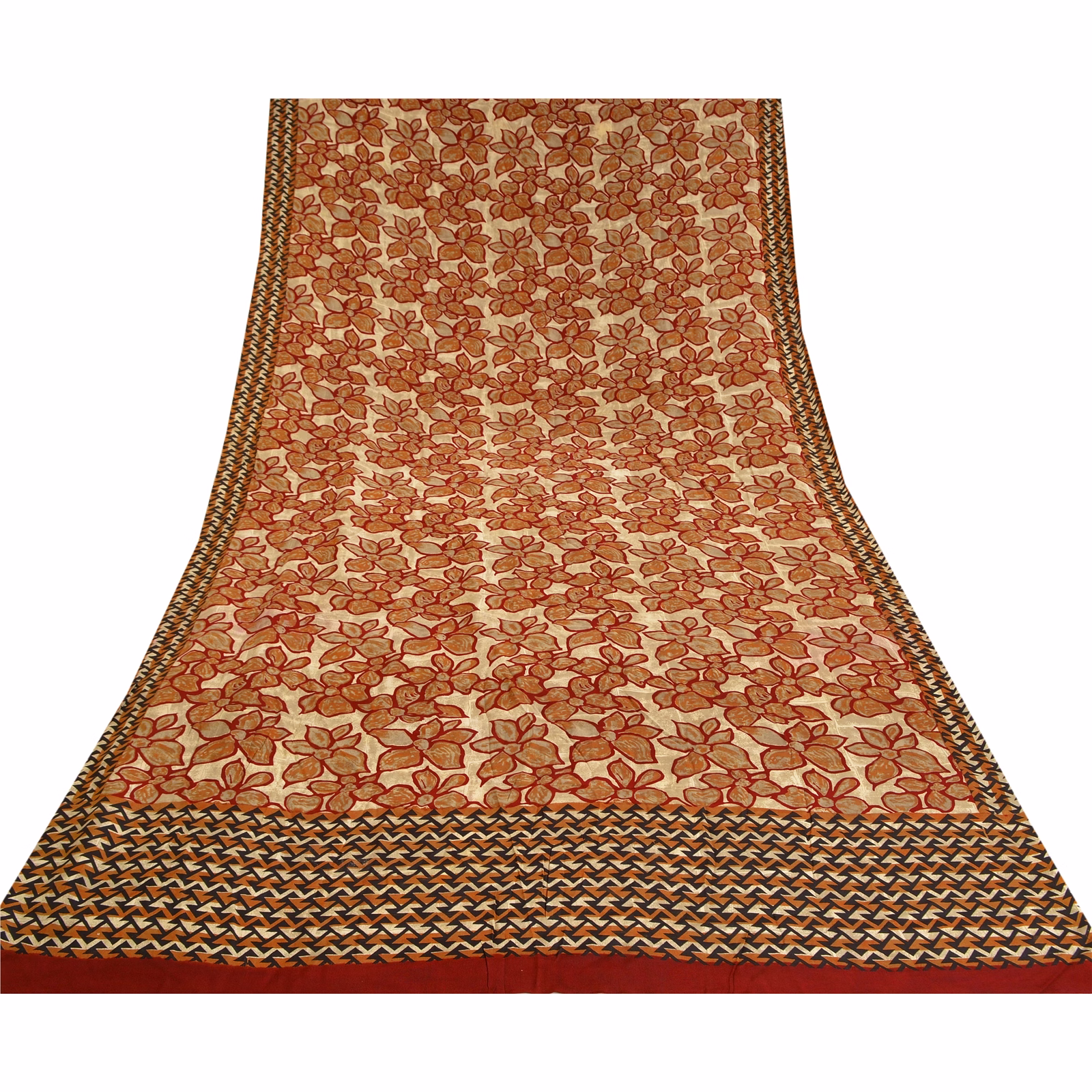 Sanskriti Vintage Sarees Red 100% Pure Crepe Silk Printed Sari Soft Craft Fabric, PRC-18314 image 15