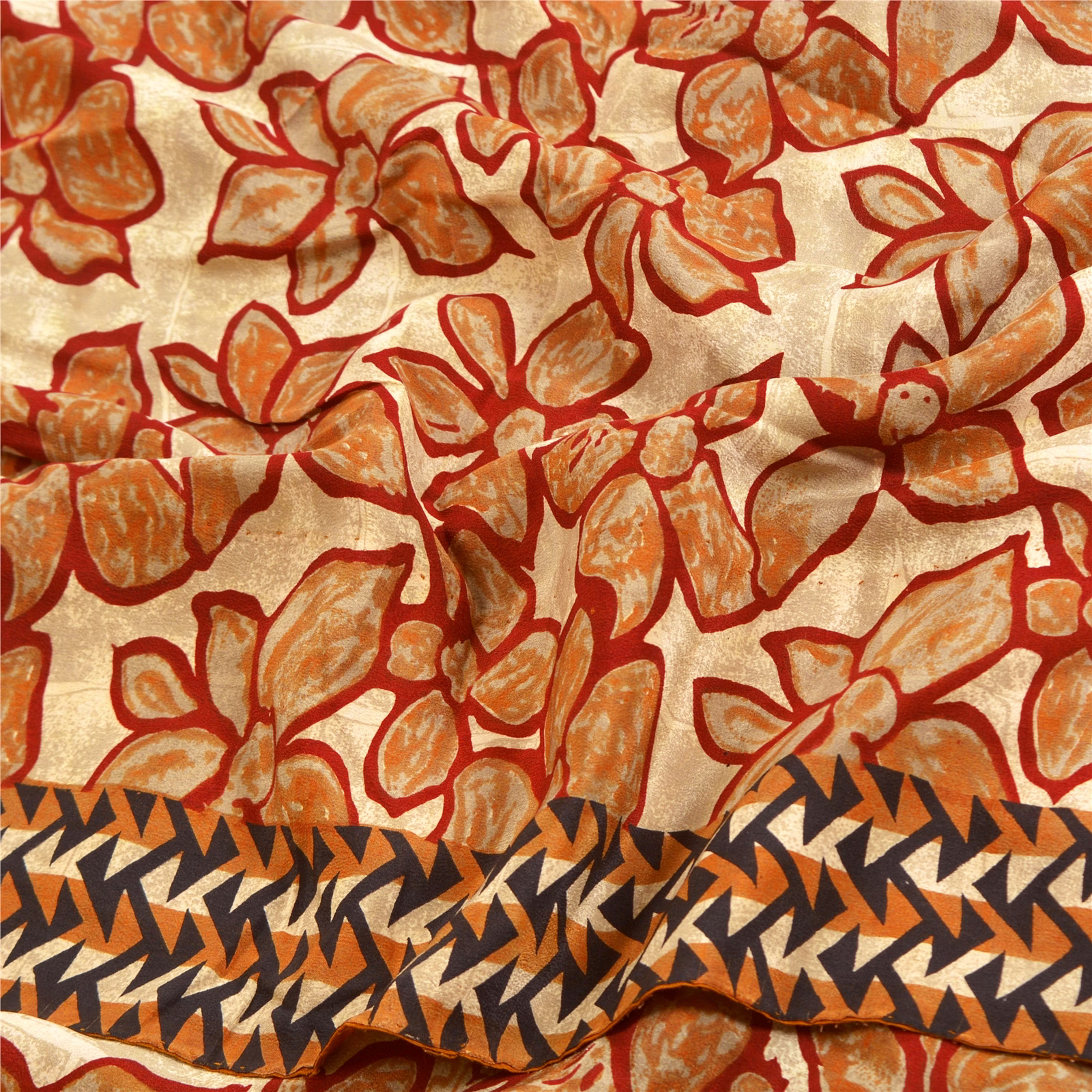 Sanskriti Vintage Sarees Red 100% Pure Crepe Silk Printed Sari Soft Craft Fabric, PRC-18314 image 10