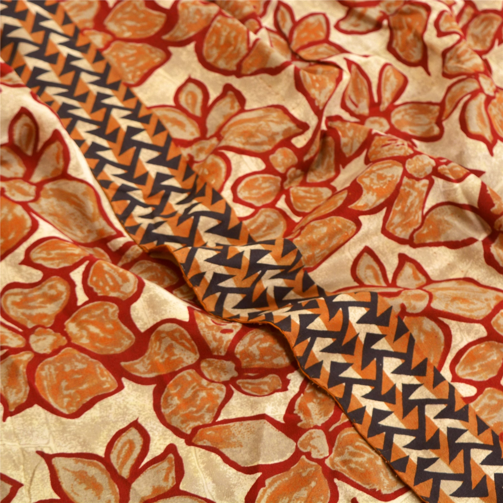 Sanskriti Vintage Sarees Red 100% Pure Crepe Silk Printed Sari Soft Craft Fabric, PRC-18314 image 12