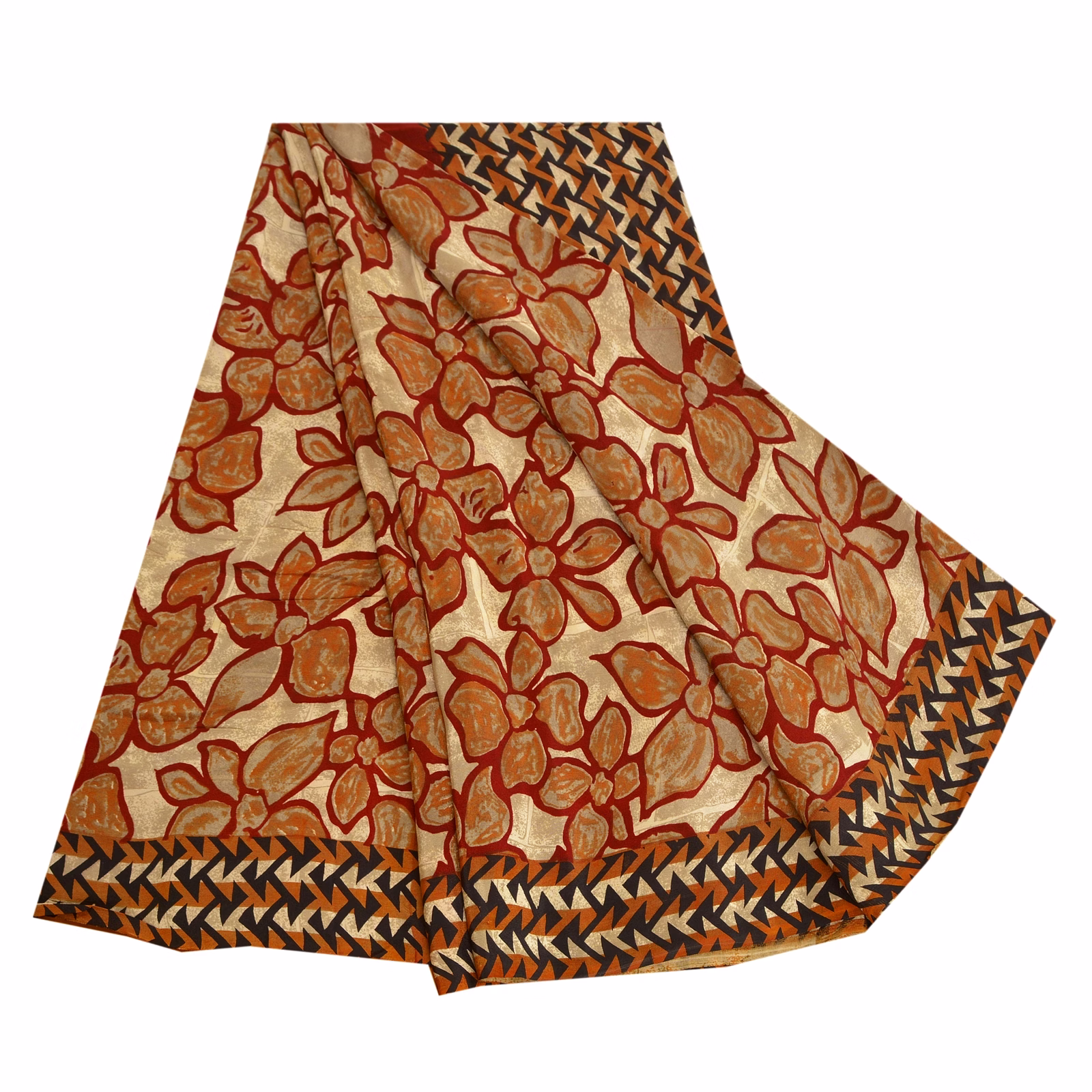 Sanskriti Vintage Sarees Red 100% Pure Crepe Silk Printed Sari Soft Craft Fabric, PRC-18314 image 13