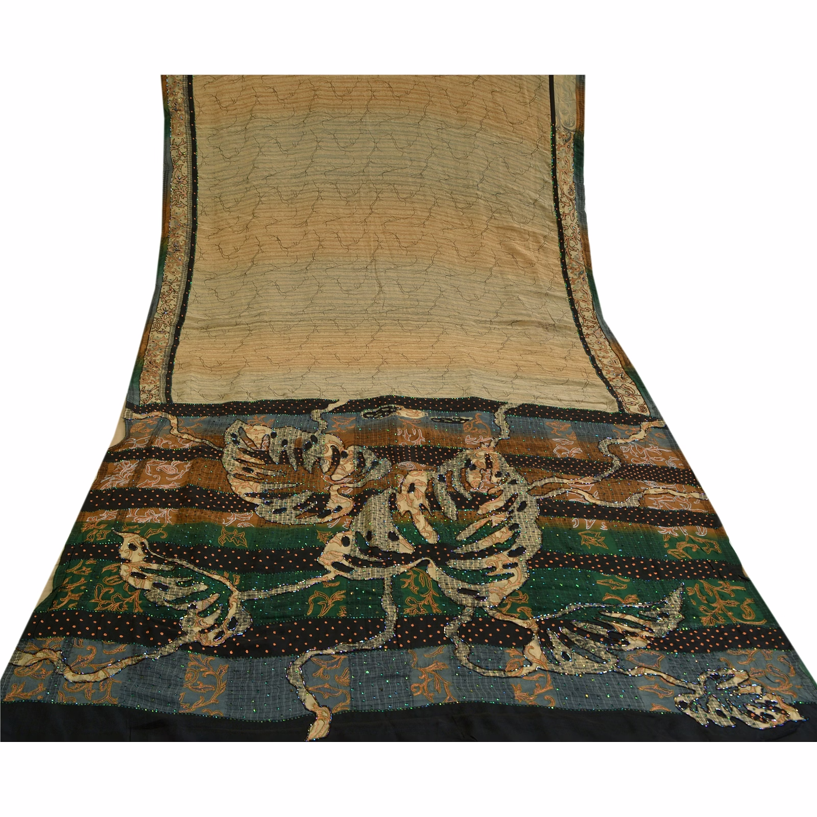 Sanskriti Vintage Pale Cream Hand Beads Sarees Pure Crepe Silk Print Sari Fabric, PRC-17397 image 6
