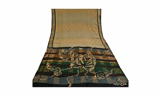 Sanskriti Vintage Pale Cream Hand Beads Sarees Pure Crepe Silk Print Sari Fabric, PRC-17397