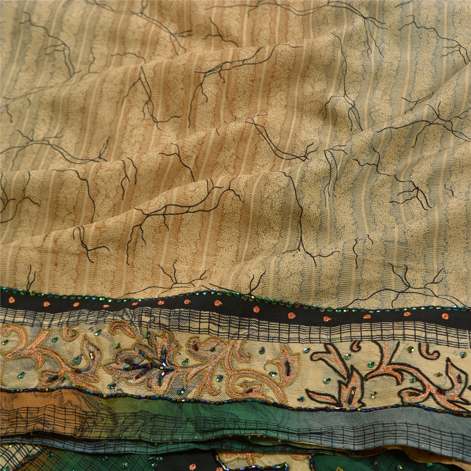 Sanskriti Vintage Pale Cream Hand Beads Sarees Pure Crepe Silk Print Sari Fabric, PRC-17397 image 1