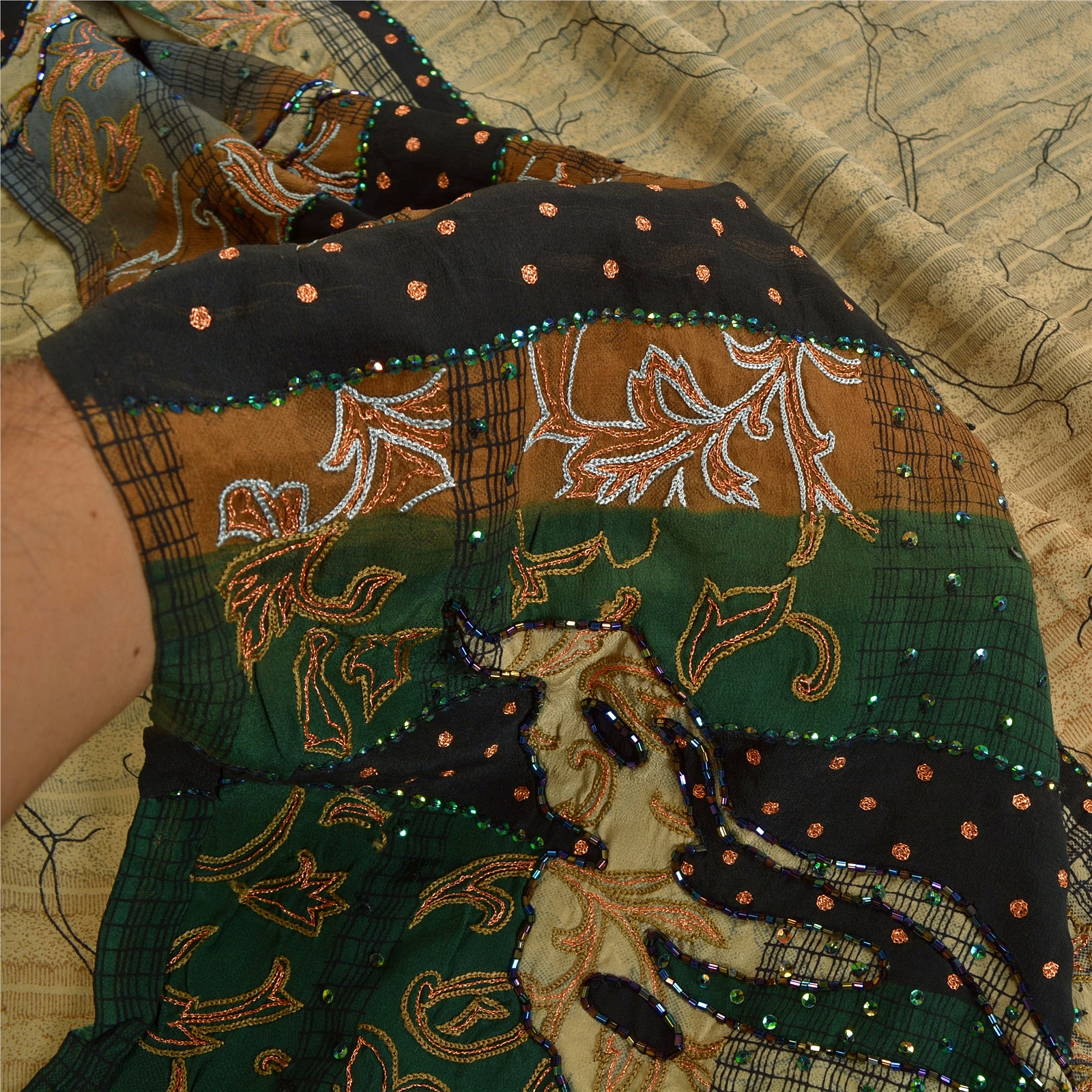 Sanskriti Vintage Pale Cream Hand Beads Sarees Pure Crepe Silk Print Sari Fabric, PRC-17397 image 2
