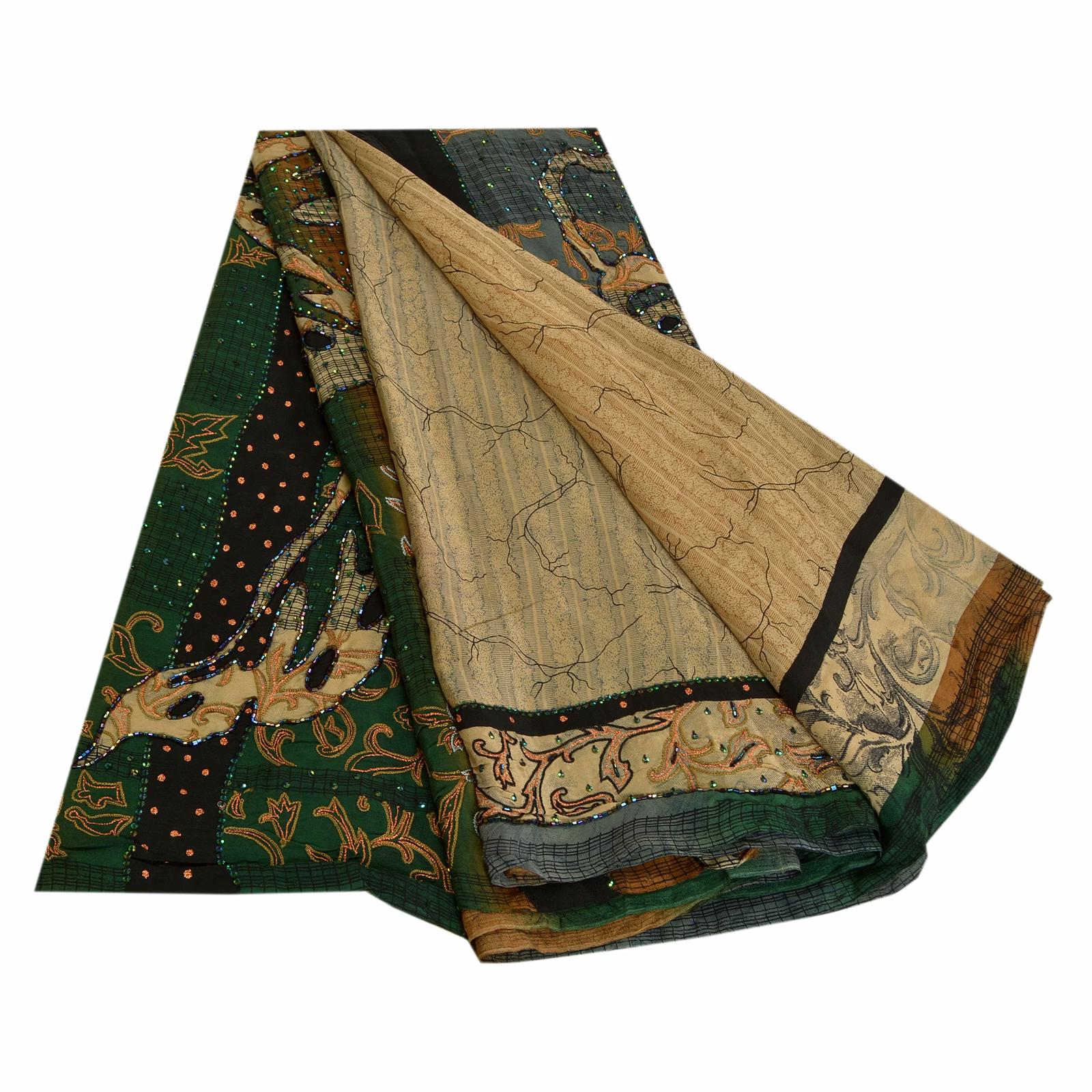 Sanskriti Vintage Pale Cream Hand Beads Sarees Pure Crepe Silk Print Sari Fabric, PRC-17397 image 4