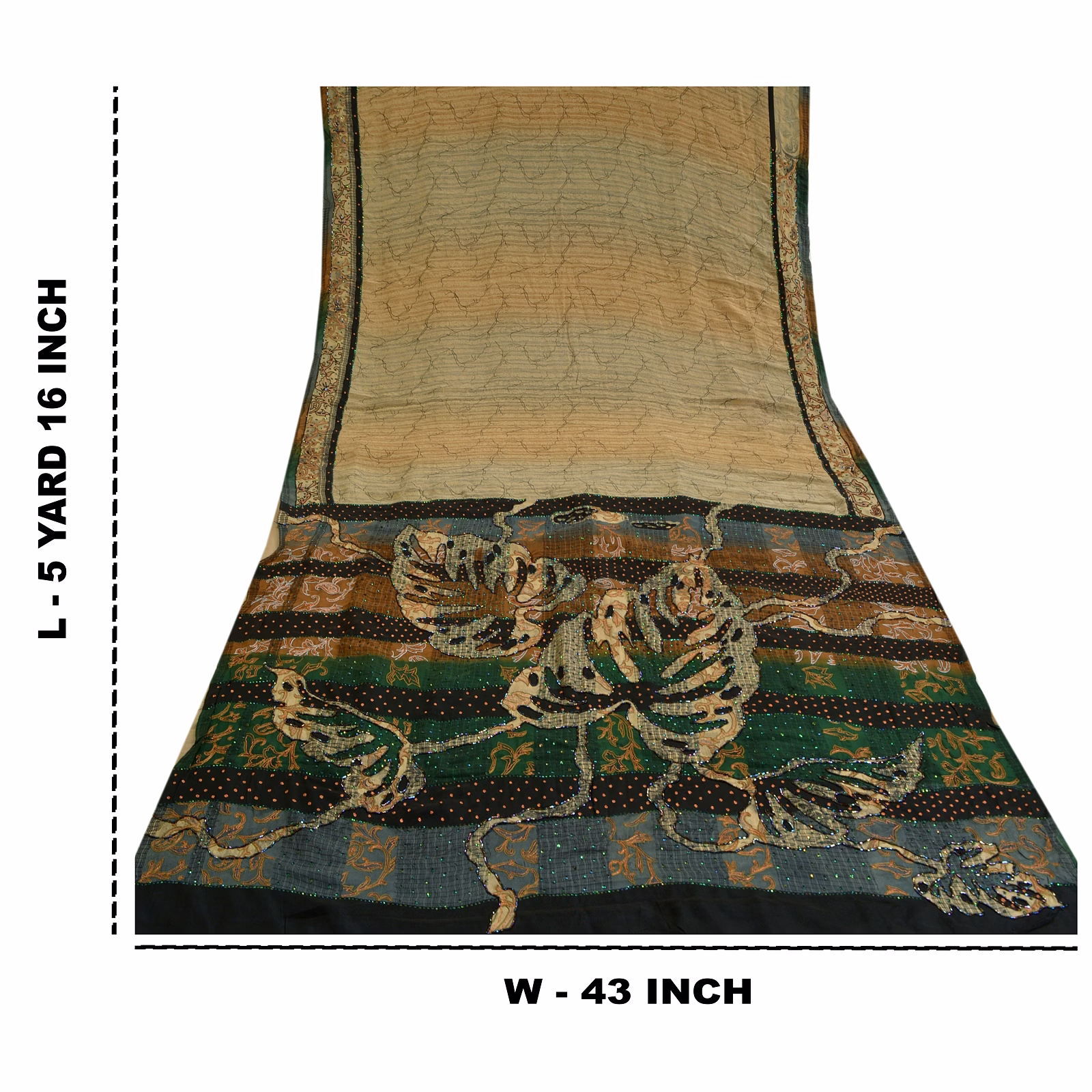 Sanskriti Vintage Pale Cream Hand Beads Sarees Pure Crepe Silk Print Sari Fabric, PRC-17397 image 5
