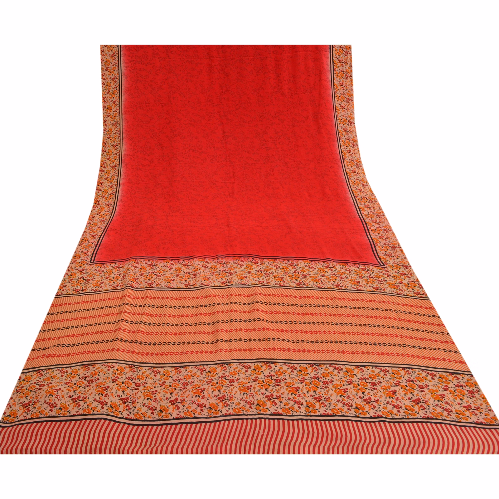 Sanskriti Vintage Scarlet Printed Sarees Pure Crepe Silk Sari 5Yd Craft Fabric, PRC-17389 image 1